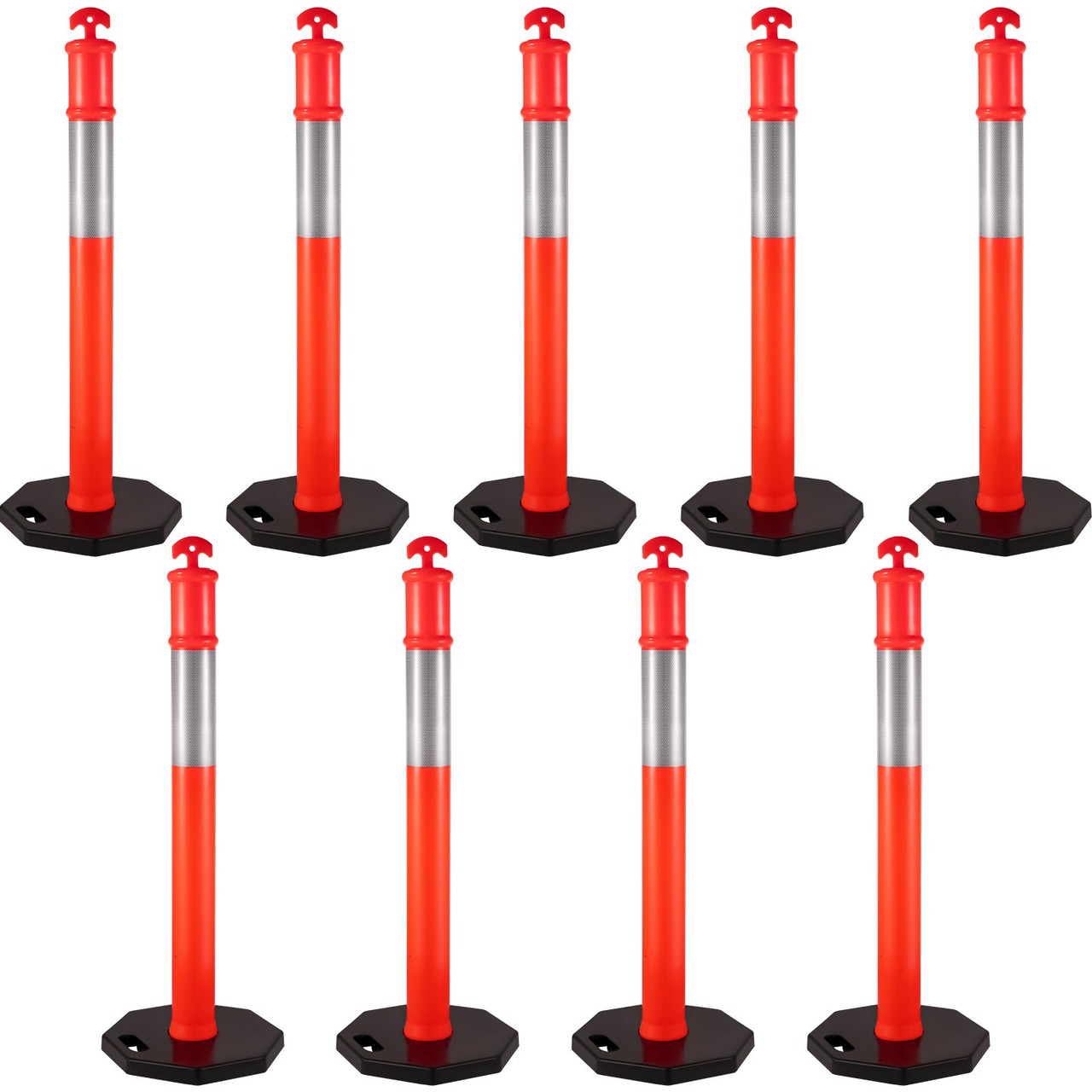 9Pack Traffic Delineator Posts 44 Inch Height, PE Delineator Cones Post Kit 10 inch Reflective Band, Delineators Post with Rubber Base 16 inch for Construction Sites, Facility Management etc.