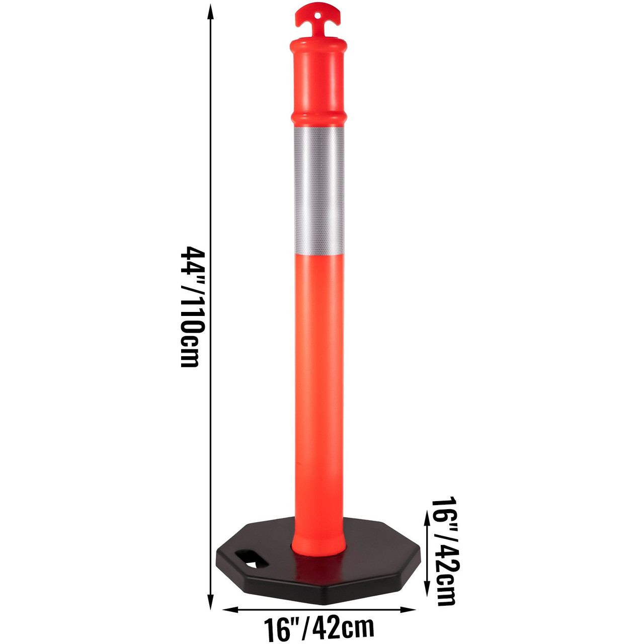 10Pack Traffic Delineator Posts 44 Inch Height, PE Channelizer Cones Post Kit 10 inch Reflective Band, Delineators Post with Rubber Base 16 inch for Construction Sites, Facility Management etc.