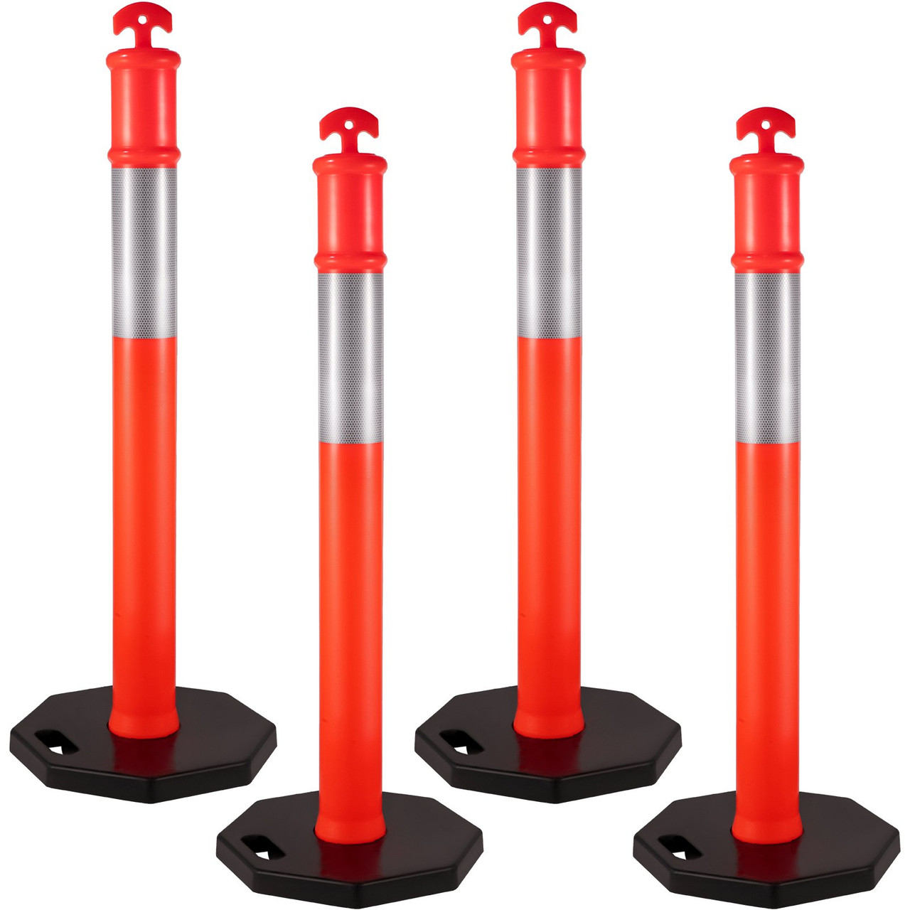 4Pack Traffic Delineator Posts 44 Inch Height, PE Delineator Post Kit 10 inch Reflective Band, Orange Delineator Cones with Rubber Base 16 inch for Construction Sites, Facility Management etc.