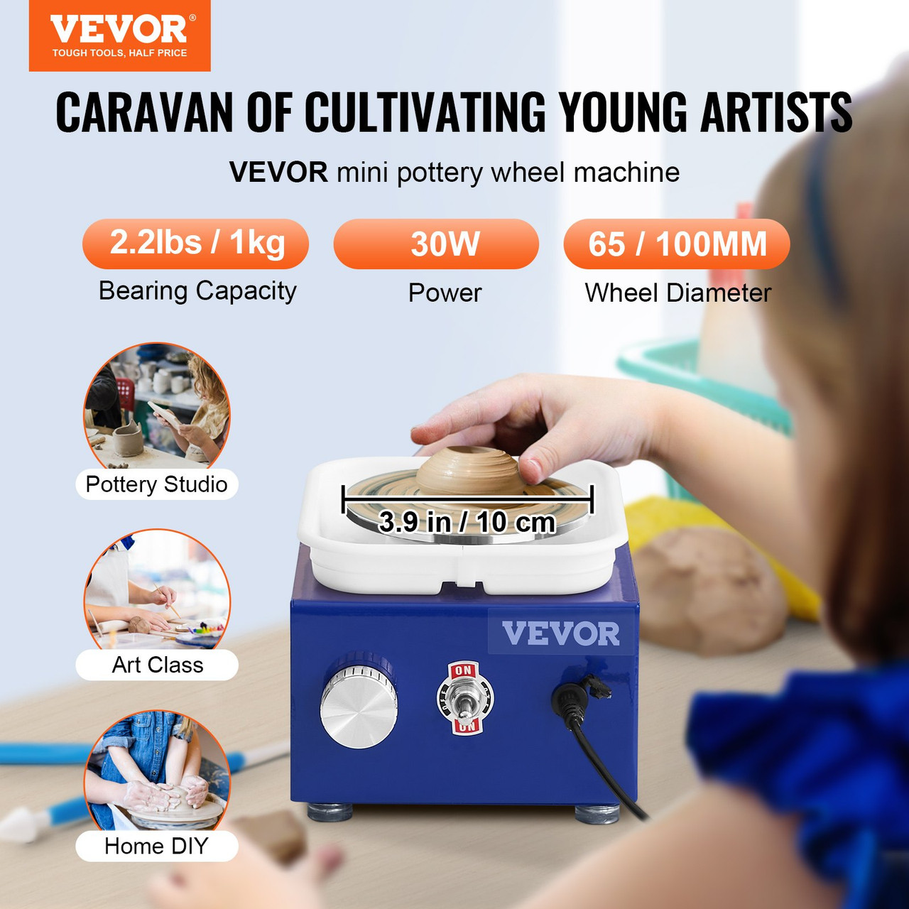 Mini Pottery Wheel, 2 Turntables 2.6in / 3.9in Ceramic Wheel Forming Machine, Adjustable 0-300RPM Speed ABS Detachable Basin, Sculpting Tools Apron