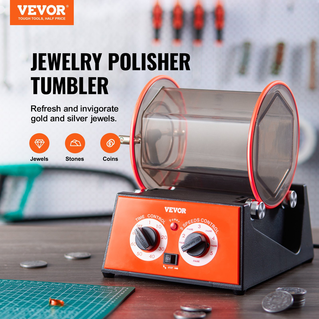 VEVOR Jewelry Polisher Tumbler 11lbs/5kg Capacity Mini Rotary Tumbler Machine with 0-60 Minutes Timer 5 Speeds Jewelry Rotary Finisher for Surface