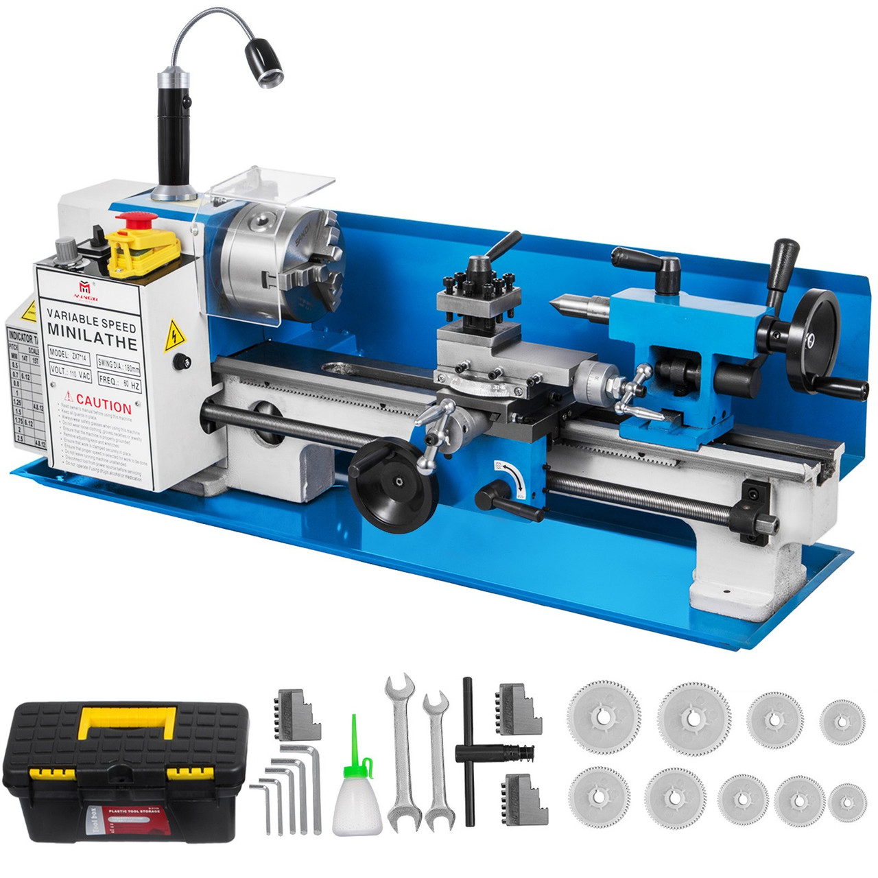 Metal Lathe 7x14inch Precision Bench Top Mini Metal Lathe 550W Precision Metal Lathe Variable Speed 50-2500 RPM Nylon Gear with A Movable Lamp