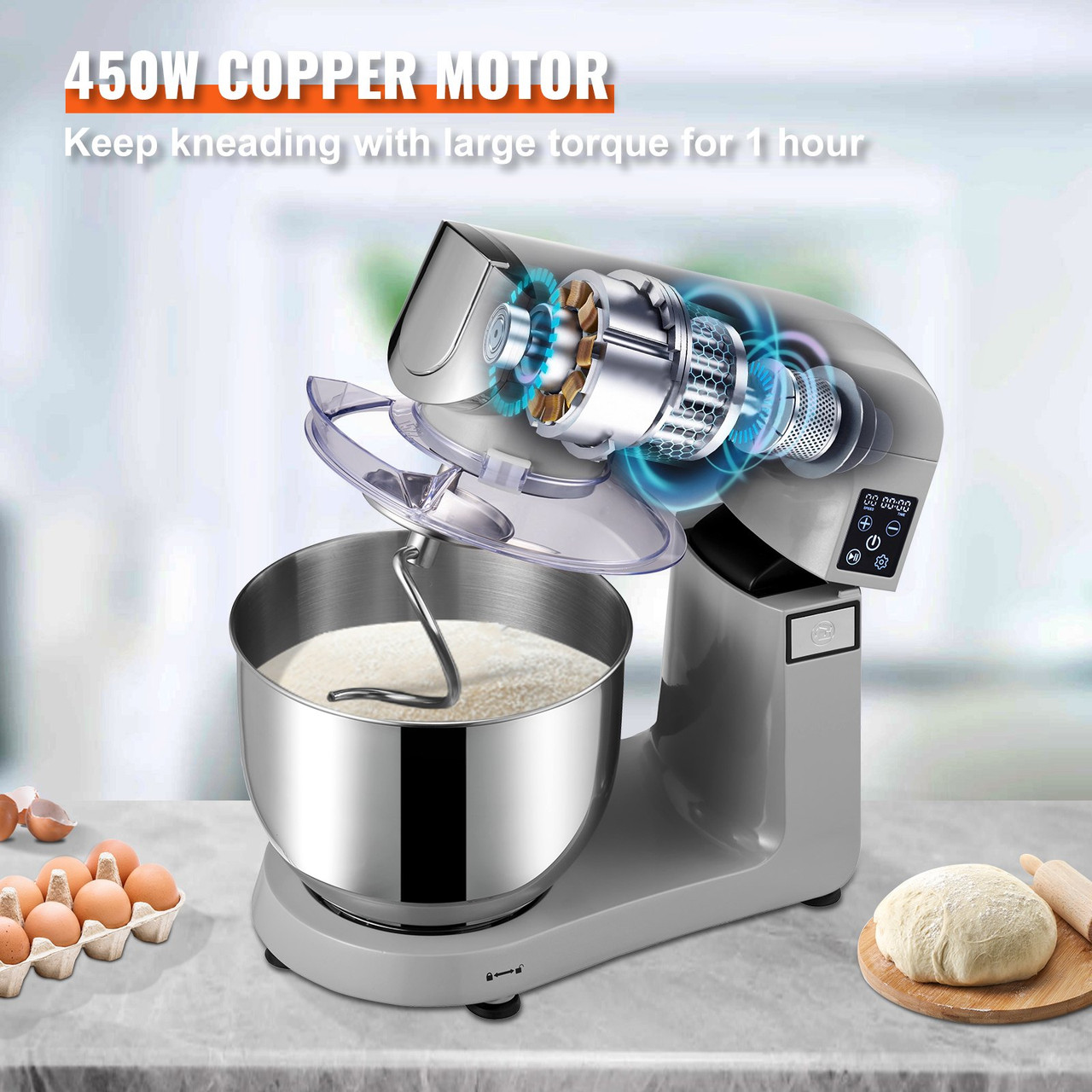 VEVOR 5 in 1 Stand Mixer, 660W Tilt-Head Multifunctional Electric Mixer with 6 Speeds LCD Screen Timing, 7.4 qt Stainless Bowl