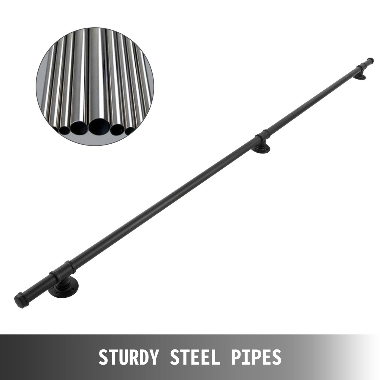 Black 8 ft 200lbs Capacity Industrial Iron Pipe 1.25 Inch Tube Diameter Indoor Stairs Wall Mounted Stairway Handrail