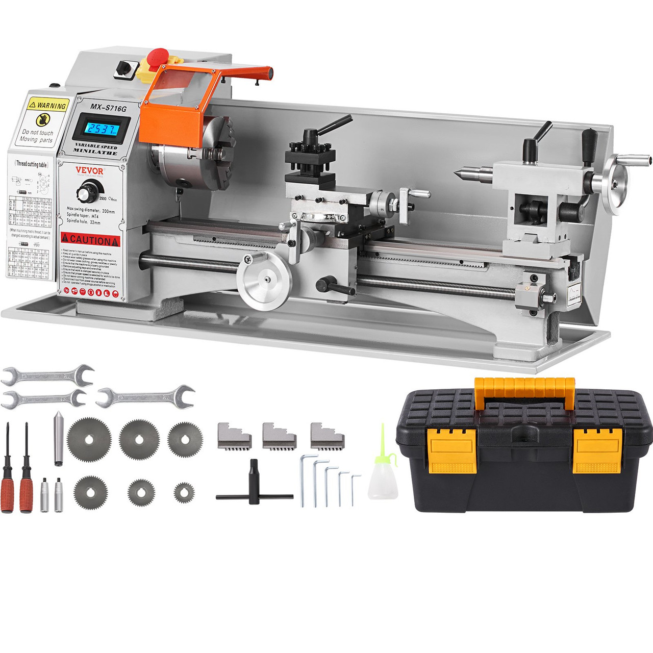 Mini Metal Lathe Machine, 7'' x 16'', 800W Precision Benchtop Power Metal Lathe, 150-2500 RPM Continuously Variable Speed, with 3.9'' 3-jaw Metal Chuck Tool Box for Processing Precision Parts