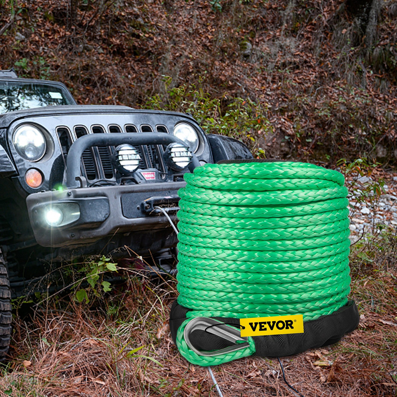 Green Synthetic Winch Line 5/16 Inch X100FT Synthetic Winch Rope 12000 LBS Tow Rope for Car with Sheath (100ft)