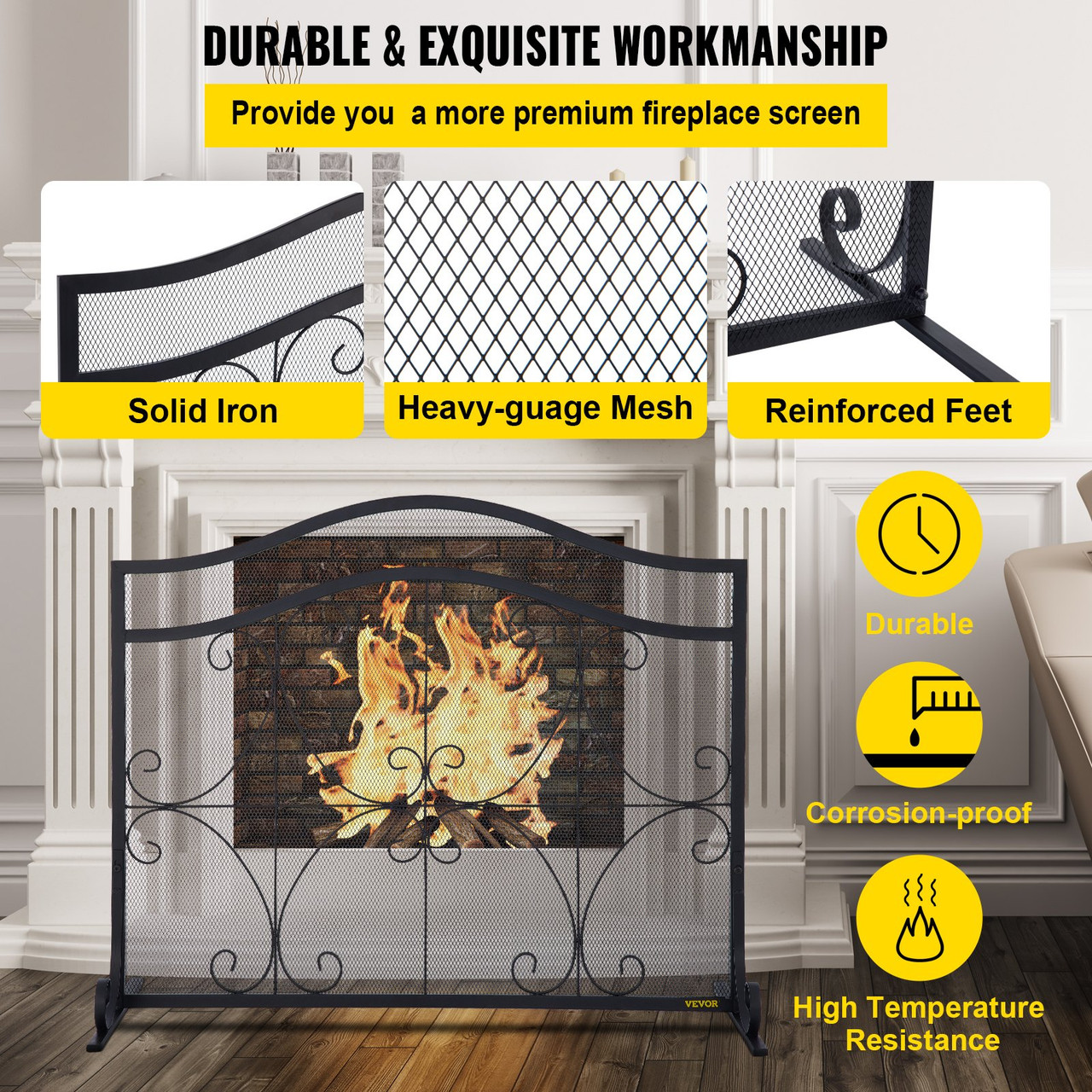 Fireplace Screen, 38 x 26.5 Inch,Heavy Duty Iron Freestanding Spark Guard with Support, Metal Mesh Craft, Broom Tong Shovel Poker Included for Fireplace Decoration & Protection, Black