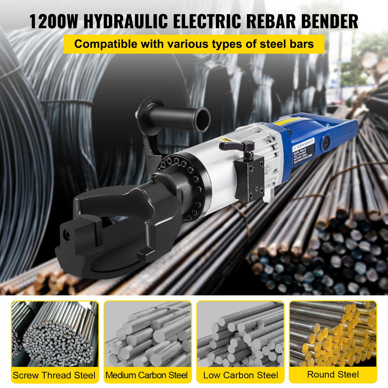 Electric Hydraulic Rebar Bender, 1.2 KW 0.9 inch 22 mm Hand Held Rebar Bender 110 V Portable Electric Rebar Bender, within 5 s