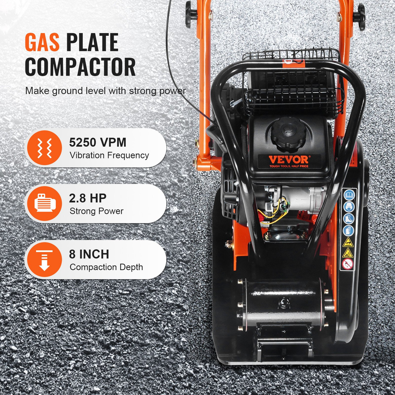 Plate Compactor, 2.8 HP 78.5CC Gas Engine 5,250 VPM, 1,920 lbs Force Vibratory Compaction Tamper with 18.7 x 11.8 inch Plate for Walkways, Patios, Asphalts, Paver Landscaping