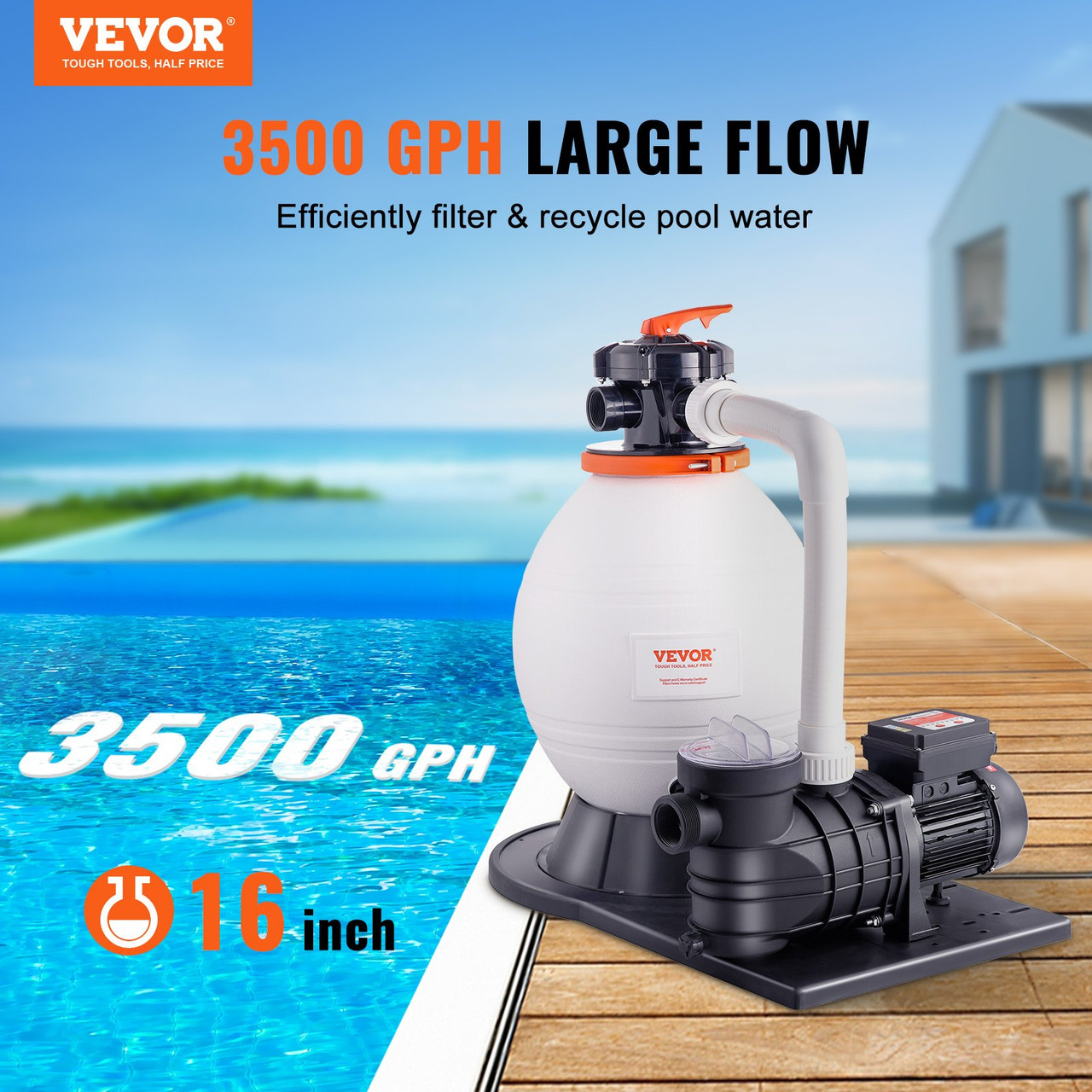 VEVOR Sand Filter Pump for Above Ground Pools, 16-Inch, 3500 GPH, 1 HP Swimming Pool Pumps System & Filters Combo Set with 6-W