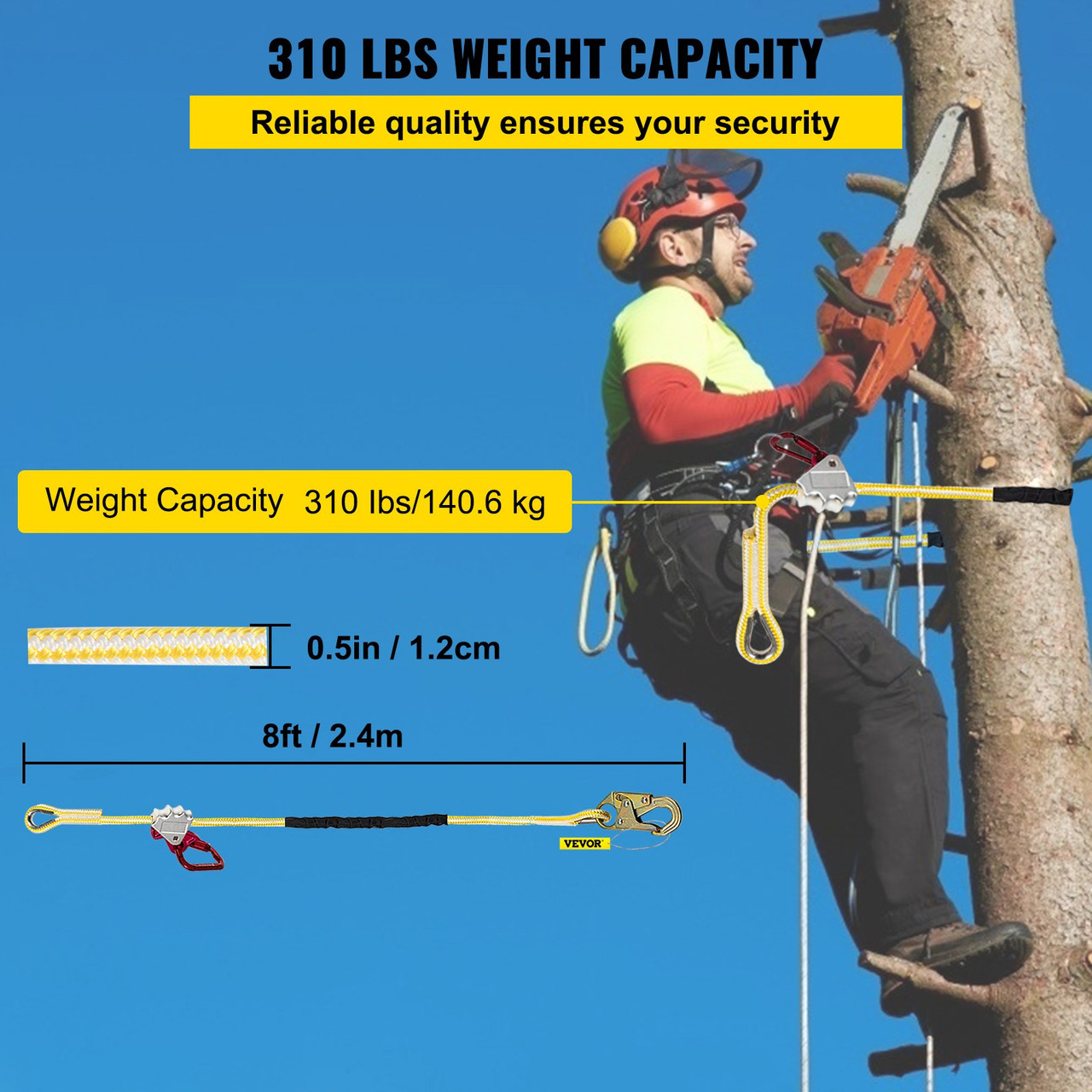 Positioning Lanyard, 1/2 inch x 8 ft Positioning Rope, Polyester Arborist Lanyard for Tree Climber, Adjustable Work Position Lanyard for Fall protection with Rope Grab, Snap Hook, D-ring