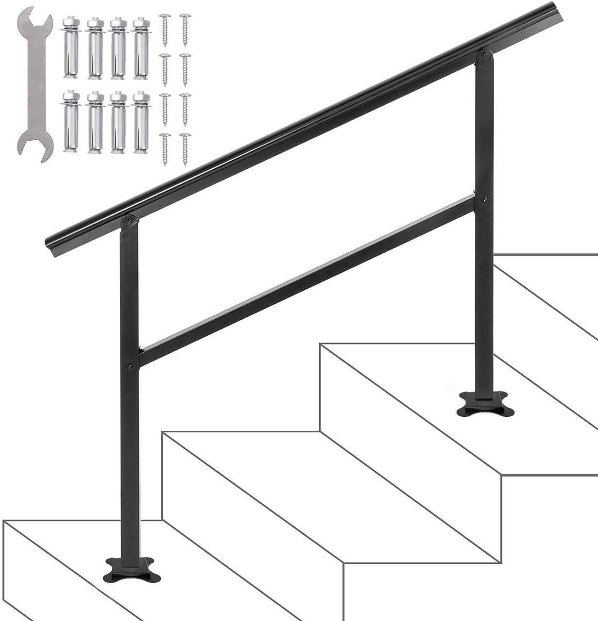 Handrail Outdoor Stairs 47.6 X 35.2 Inch Outdoor Handrail Outdoor Stair Railing Adjustable from 0 to 30 Degrees Handrail for Stairs Outdoor Aluminum Black Stair Railing Fit 3-4 Steps