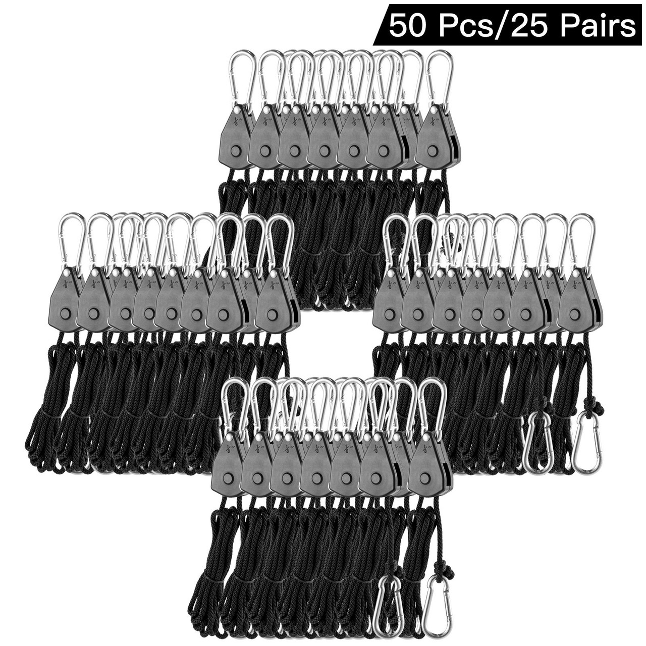 Grow Light Rope 25Pair, Heavy Duty Adjustable Rope Clip Hanger 1/8 Inch,  Grow Light Rope