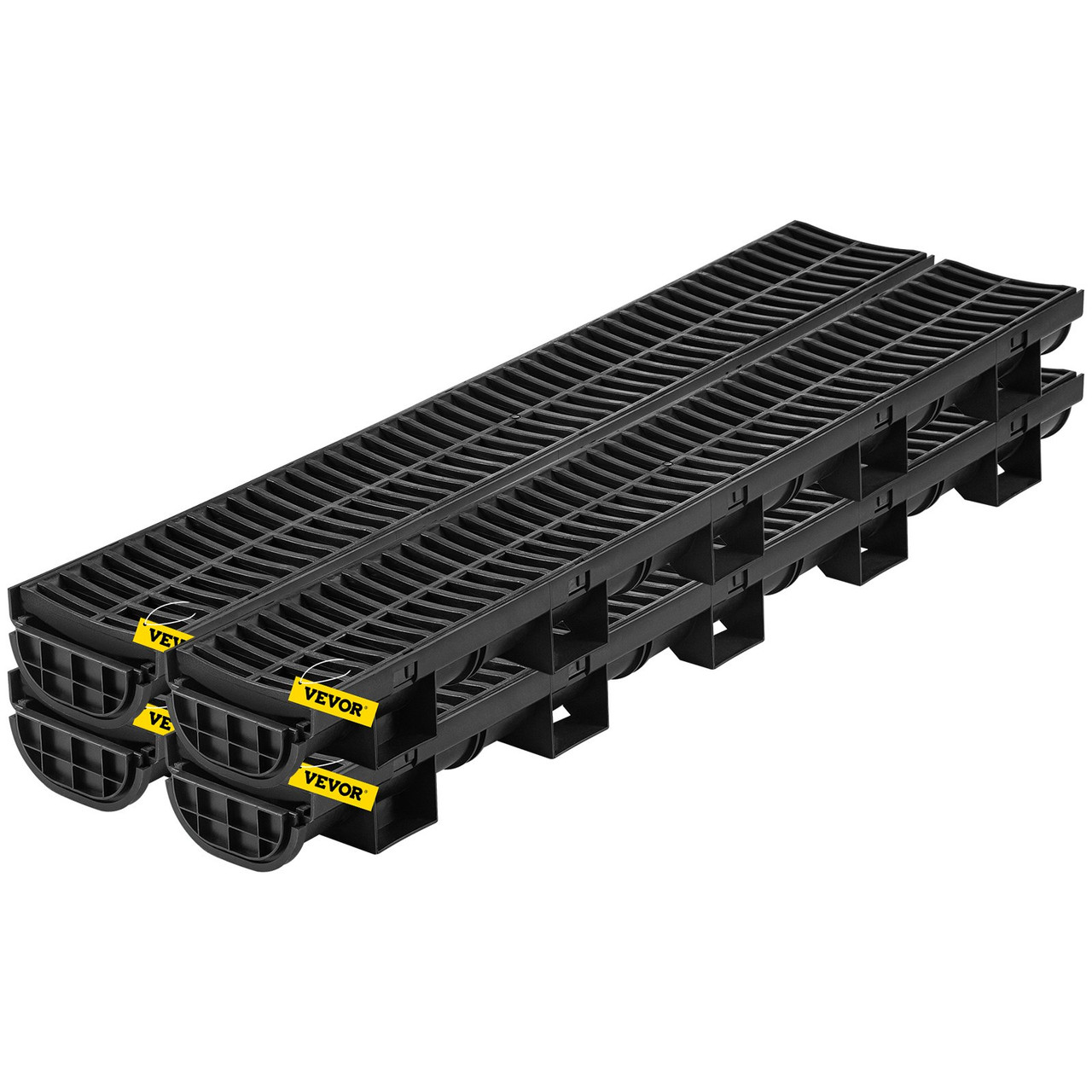 Trench Drain System, Channel Drain with Plastic Grate, 5.7x3.1-Inch HDPE Drainage Trench, Black Plastic Garage Floor Drain, 4x39 Trench Drain Grate, with 4 End Caps, for Garden, Driveway-4 Pack