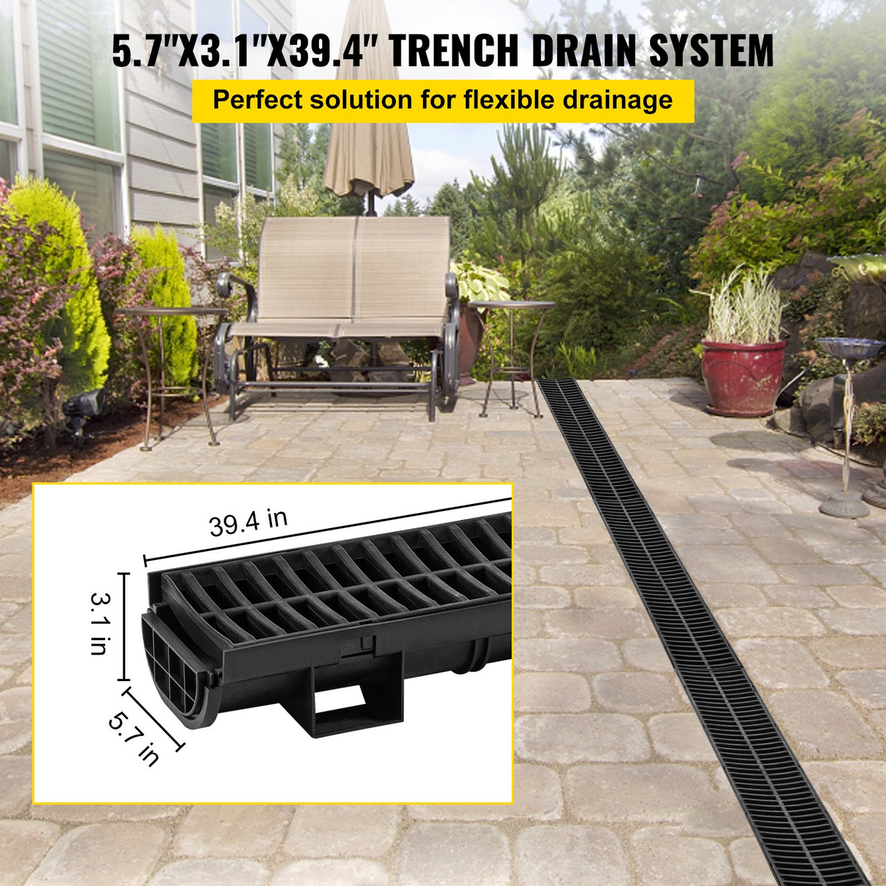 Trench Drain System, Channel Drain with Plastic Grate, 5.7x3.1-Inch HDPE Drainage Trench, Black Plastic Garage Floor Drain, 4x39 Trench Drain Grate, with 4 End Caps, for Garden, Driveway-4 Pack