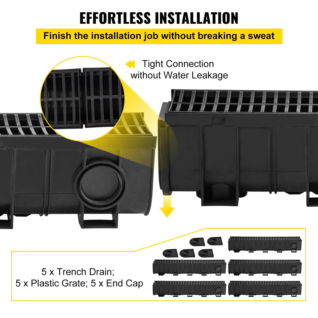 Trench Drain System, Channel Drain with Plastic Grate, 5.9x7.5-Inch HDPE Drainage Trench, Black Plastic Garage Floor Drain, 5x39 Trench Drain Grate, with 5 End Caps, for Garden, Driveway-5 Pack