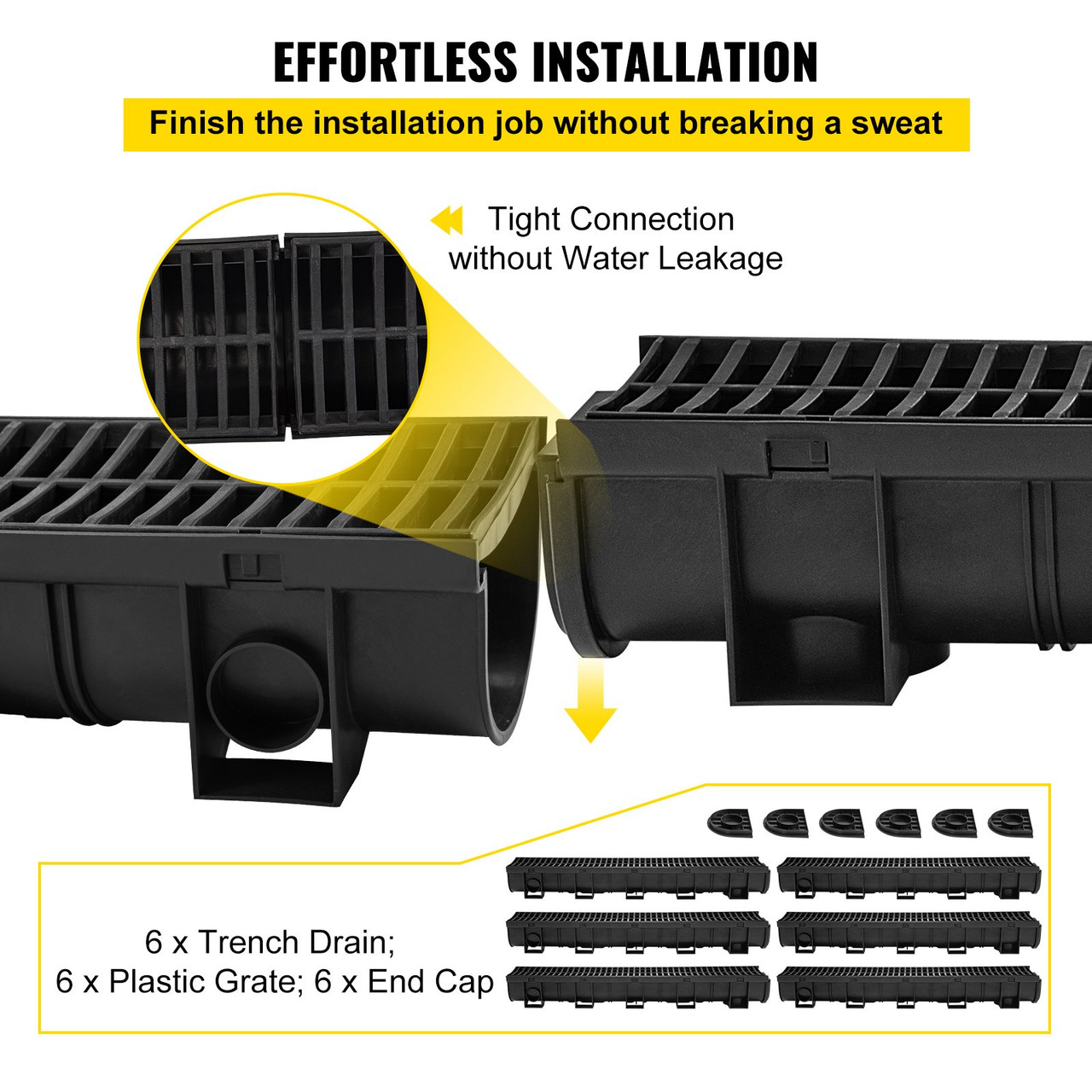Trench Drain System, Channel Drain with Plastic Grate, 5.9x5.1-Inch HDPE Drainage Trench, Black Plastic Garage Floor Drain, 6x39 Trench Drain Grate, with 6 End Caps, for Garden, Driveway-6 Pack