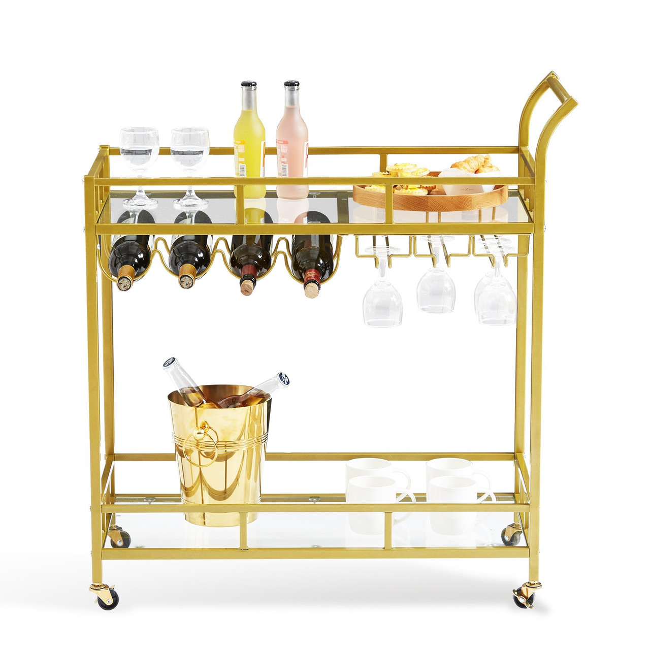 2 Tiers Gold Metal Bar Serving Cart with Wine Rack Glass Holder 120 LBS