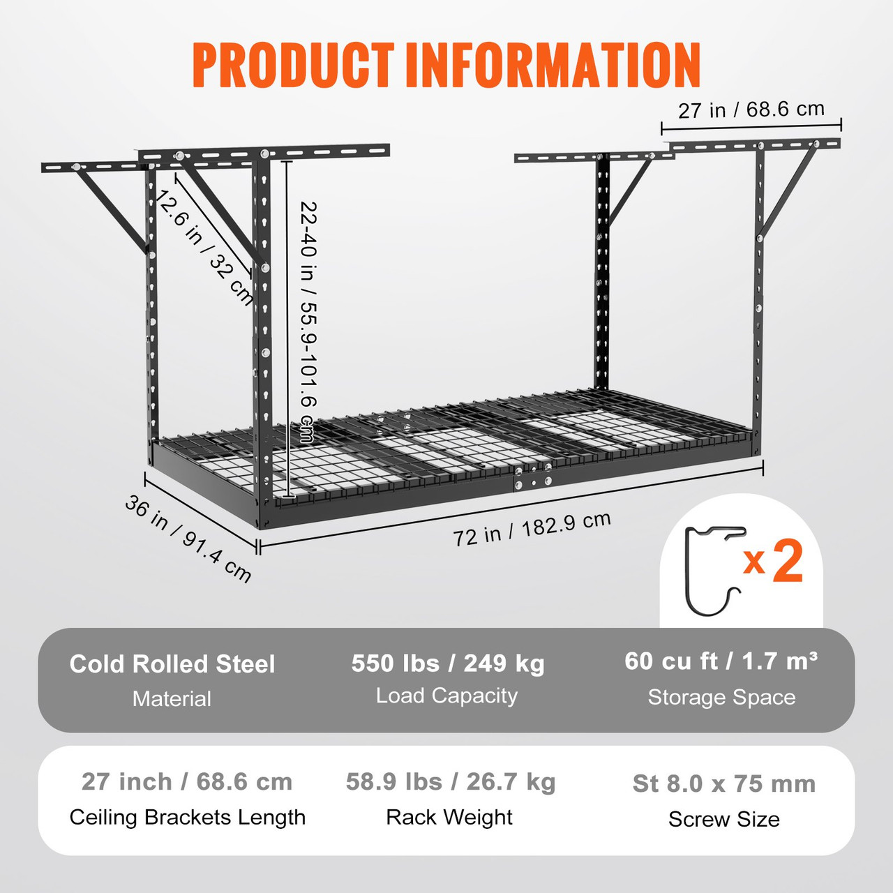 Overhead Adjustable Garage Storage Rack 36x72in Ceiling Rack 550lbs Black