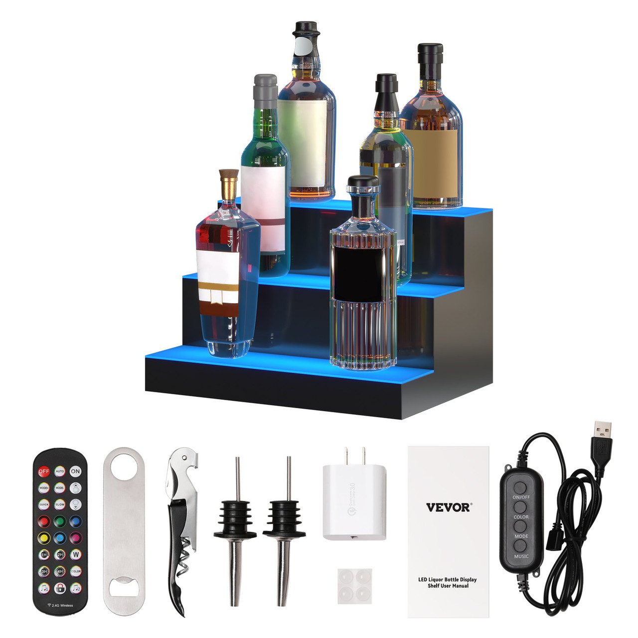 LED Lighted Liquor Bottle Display Bar Shelf RF & App Control 16" 3-Step