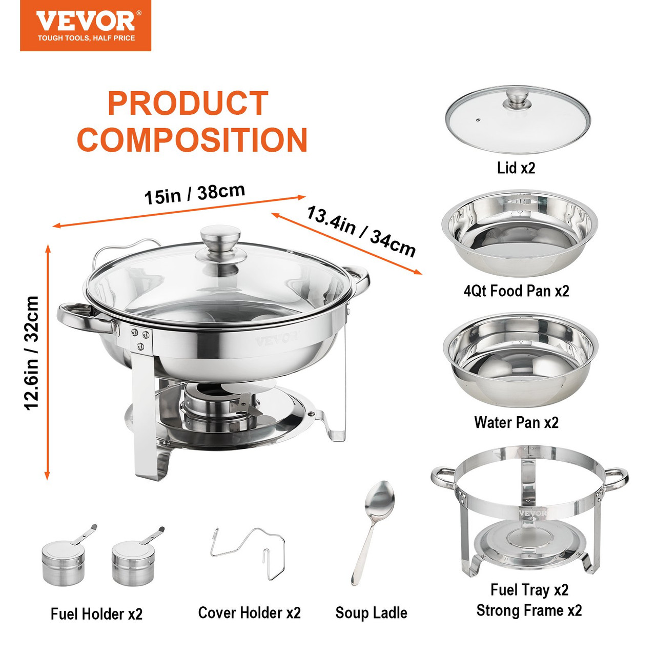 2-Pack Round Chafing Dish Set with Full-Size 4Qt Pan Glass Lid Fuel Holder