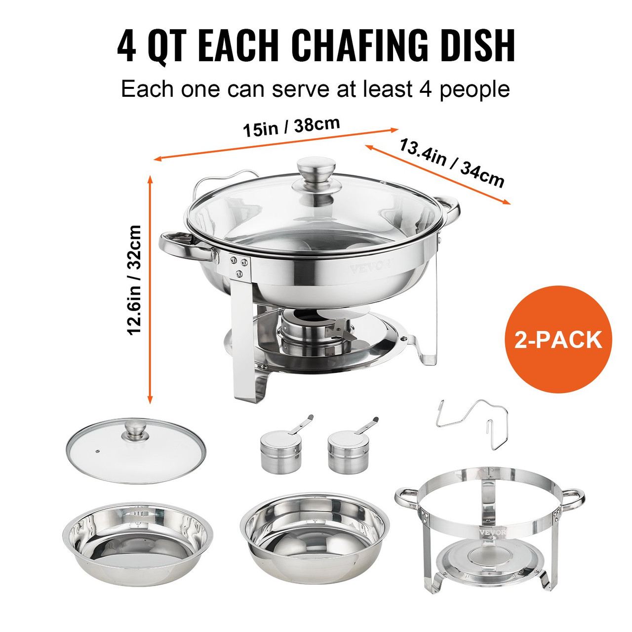 2-Pack Round Chafing Dish Set with Full-Size 4Qt Pan Glass Lid Fuel Holder