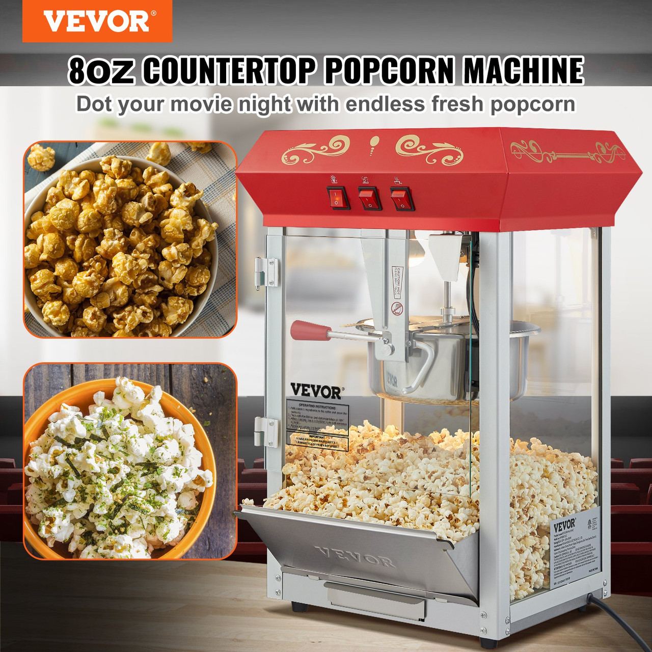 Popcorn Popper Machine 8 Oz Countertop Popcorn Maker 850W 48 Cups Red