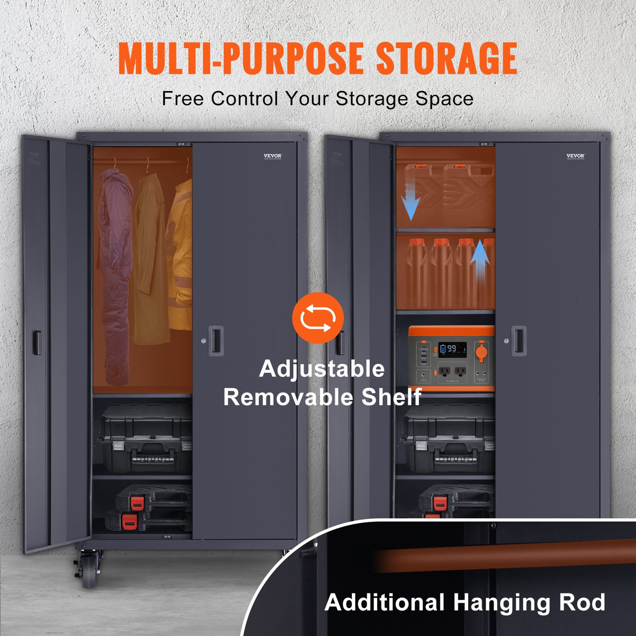 Rolling Metal Storage Cabinet w/ 4 Adjustable Shelves & Lockable Door
