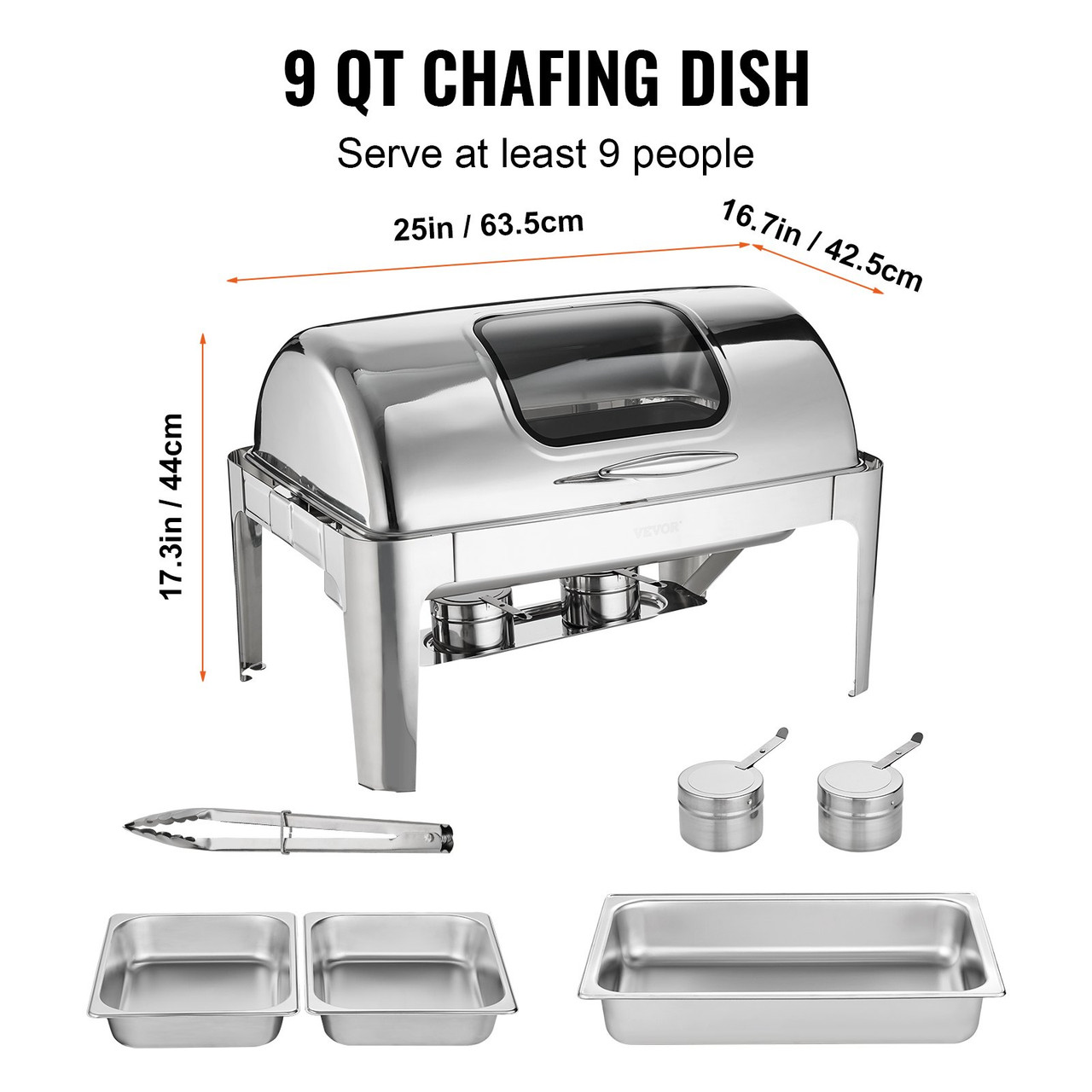 Rectangle Roll Top Chafing Dish with 9Qt Pan Visual Glass Lid Fuel Holder