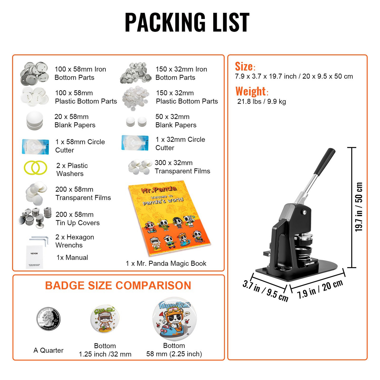 Button Maker Machine Badge Pin Machine 1.25"+2.25" 500Free Parts Press Kit