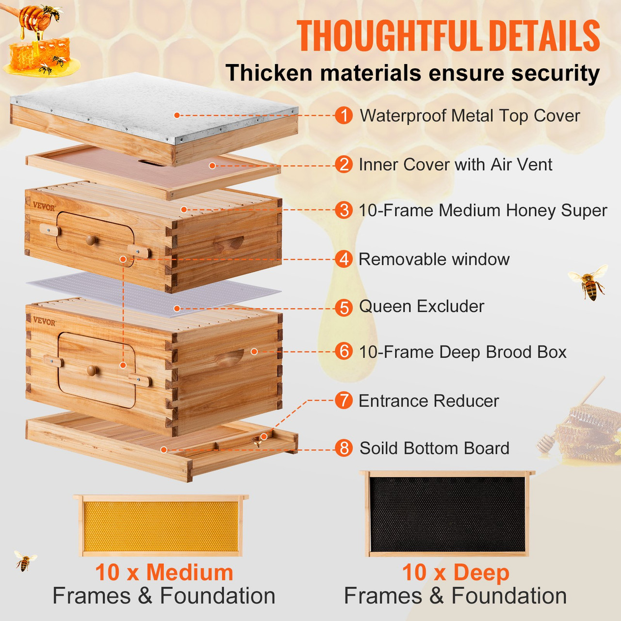 Beehive Box Kit Bee Honey Hive 20 Frames 1 Deep 1 Medium Natural Fir Wood