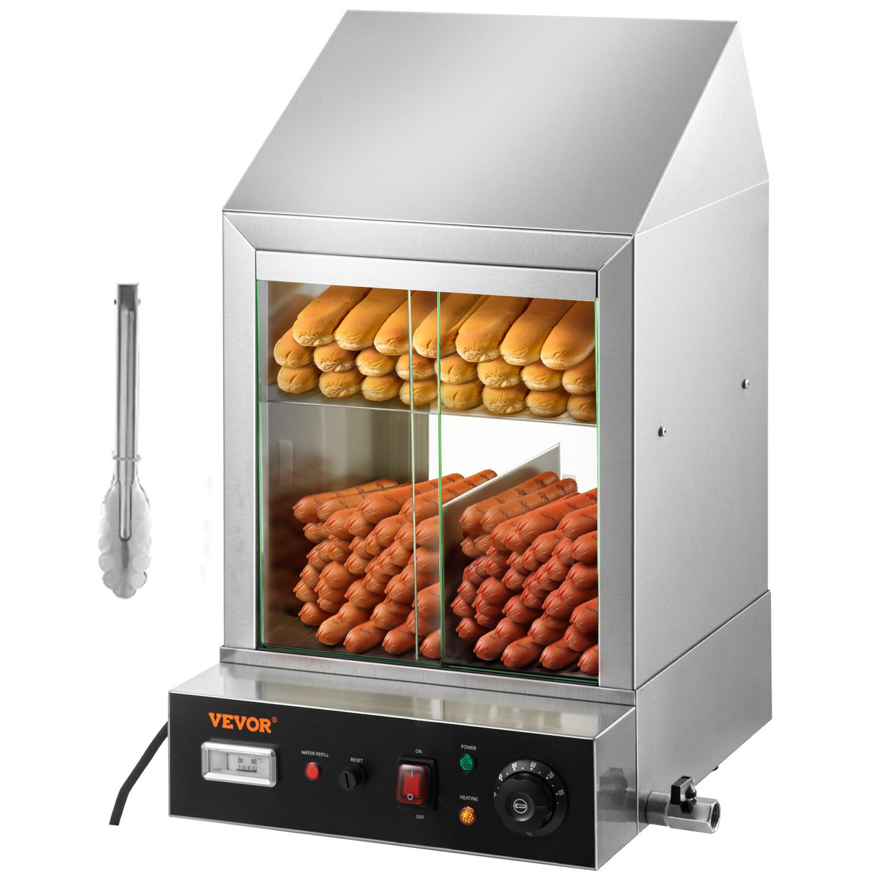 1200W Commercial Hot Dog Steamer 2 Tier Electric Bun Warmer w/ Slide Doors