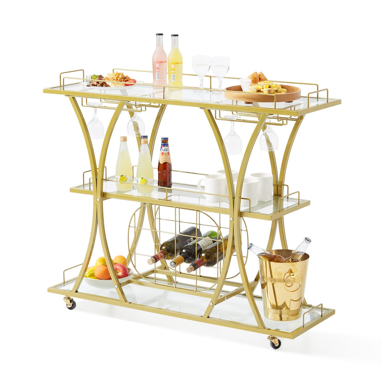 3 Tiers Gold Metal Bar Serving Cart with Wine Rack Glass Holder 180 LBS