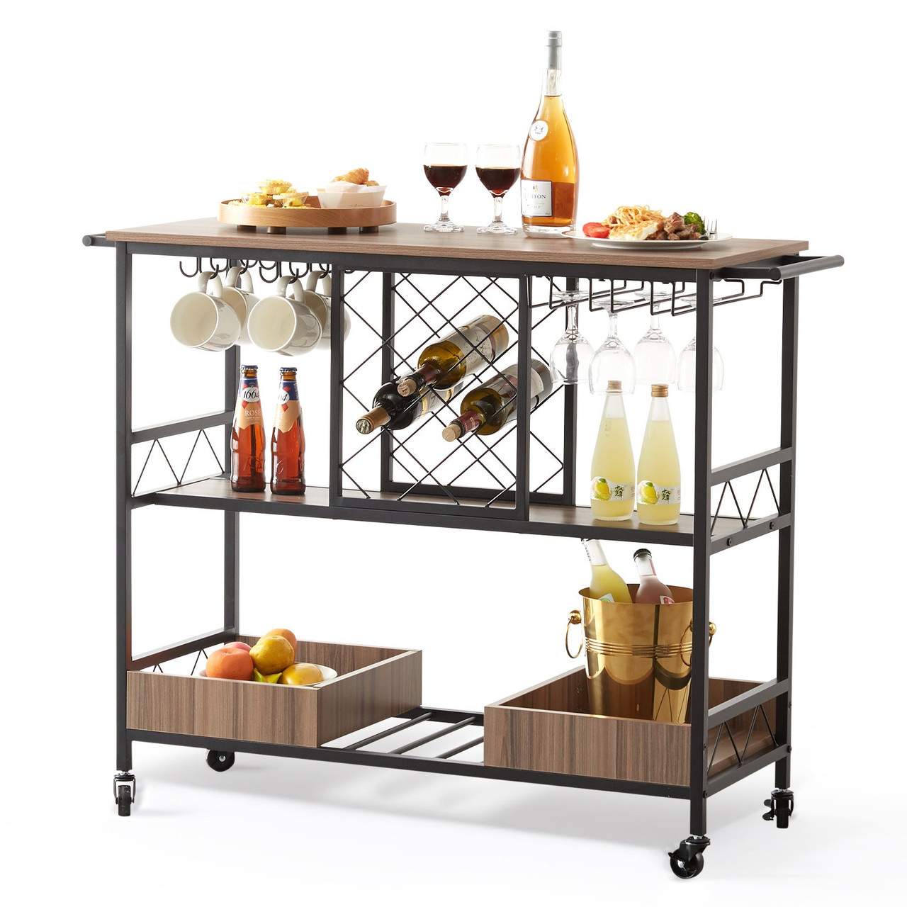 3-Tier Bar Serving Cart Rolling Trolley with Wine Grid Glass Holder 300LBS