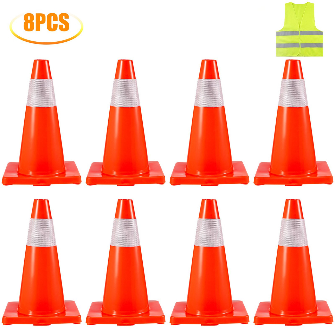 8Pack Traffic Cones, 18" Safety Cones, PVC Orange Traffic Safety Cone, with Reflective Collar Road Parking Training Cones