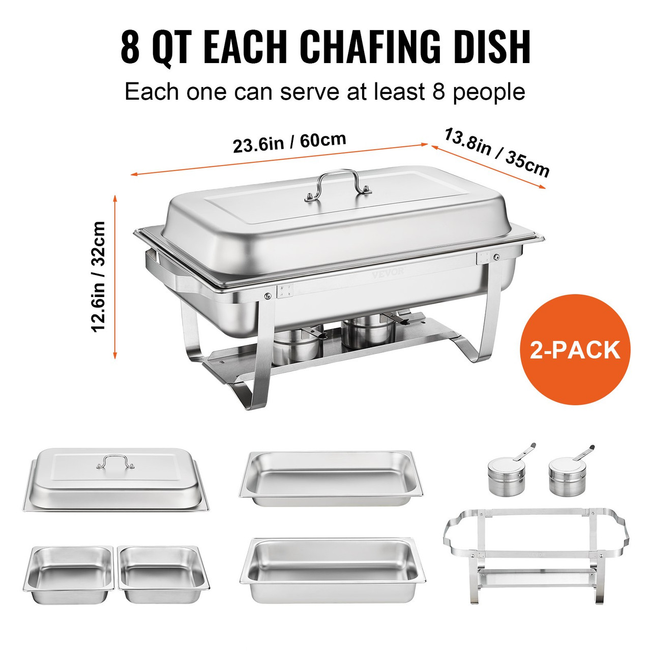 2-Pack Rectangle Chafing Dish Set 2 Full-Size 8Qt Pan 4 Half-Size 4Qt Pans