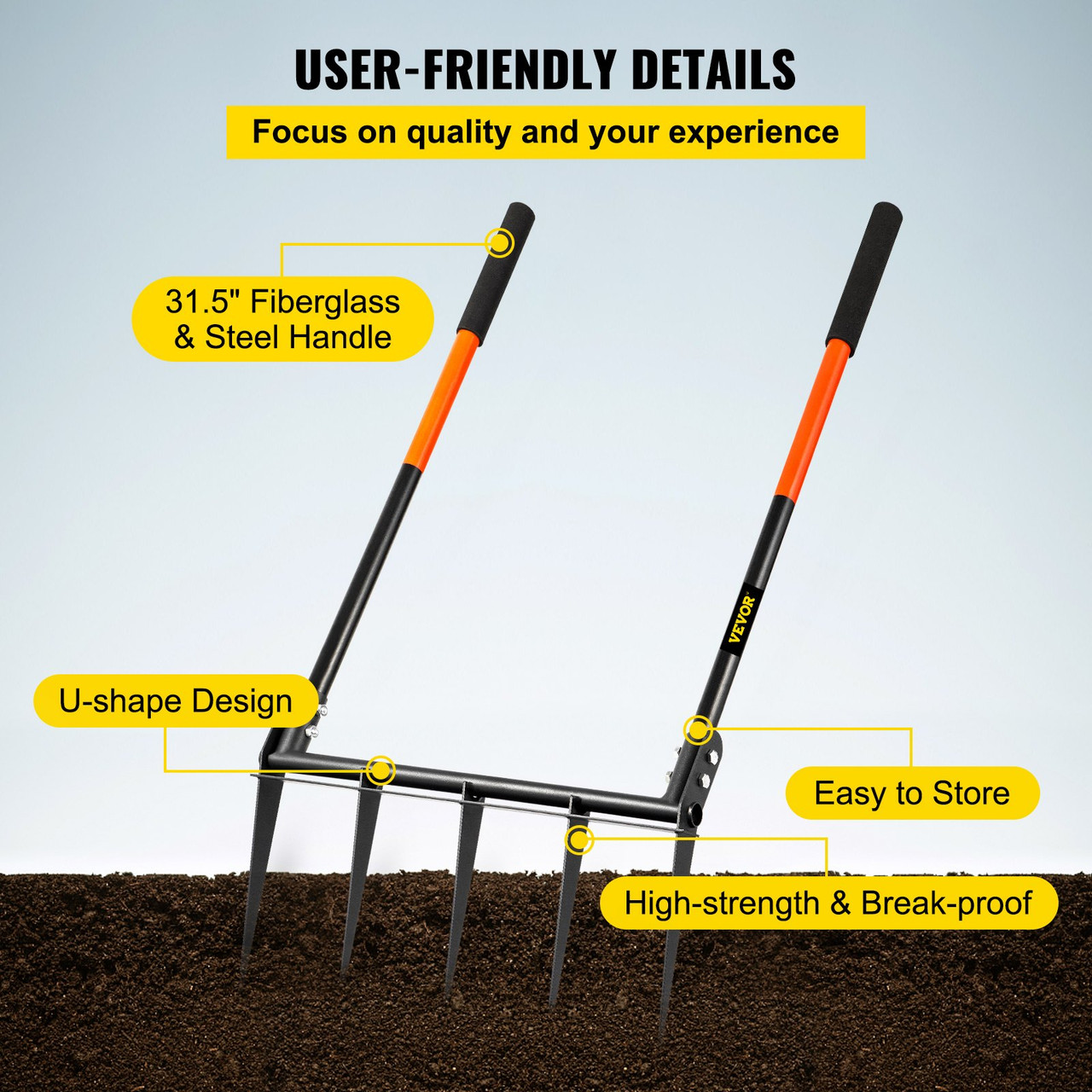 Broad Fork Tool, 5 Tines 20 in Wide, Garden Tool with Fiberglass Handle for Gardening and Cultivating, Aerate Clay Soil for Farm (100-16649) 