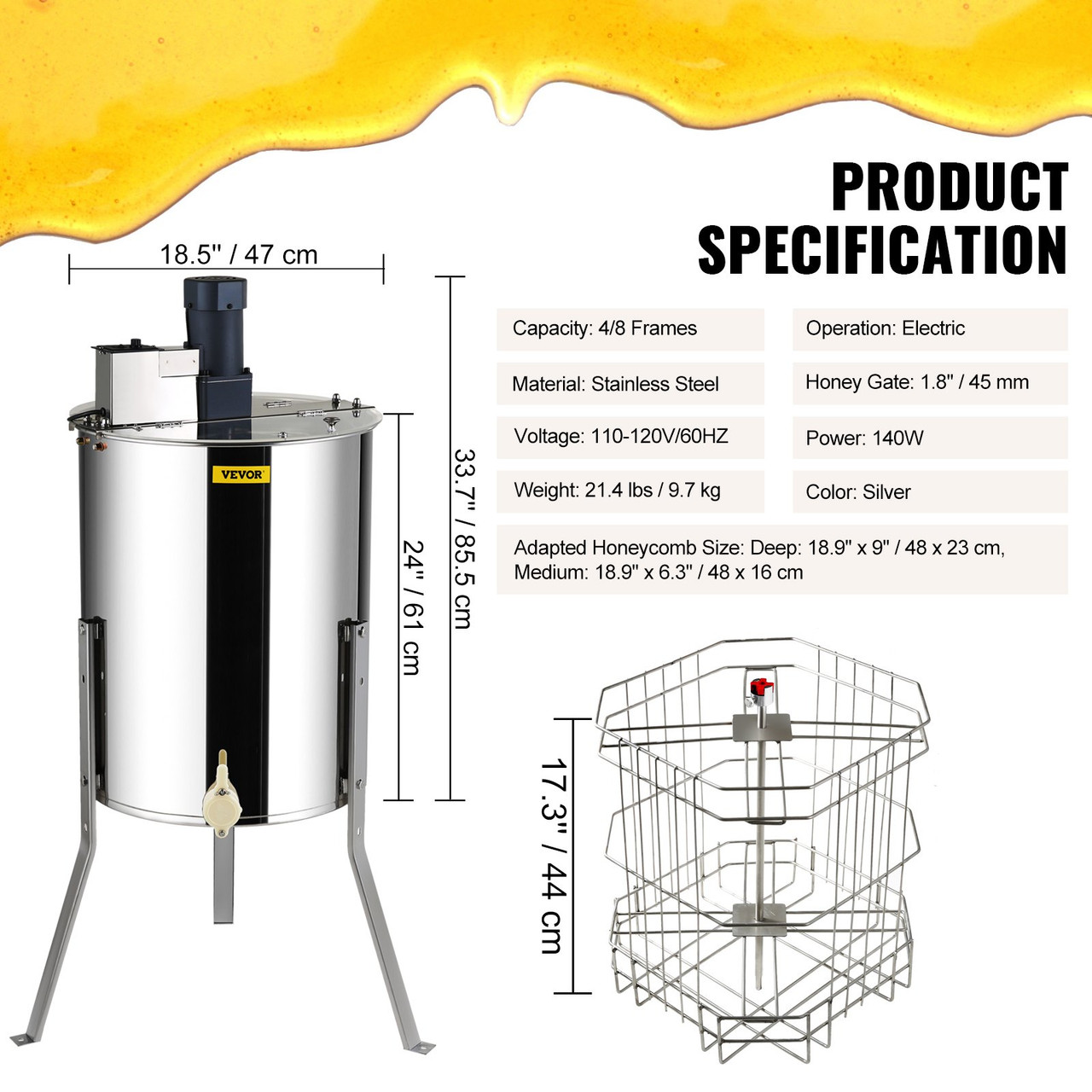 Electric Honey Extractor, 4/8 Frames Honey Spinner Extractor, Stainless Steel Beekeeping Extraction, Honeycomb Drum Spinner with Lid, Apiary Centrifuge Equipment with Height Adjustable Stand