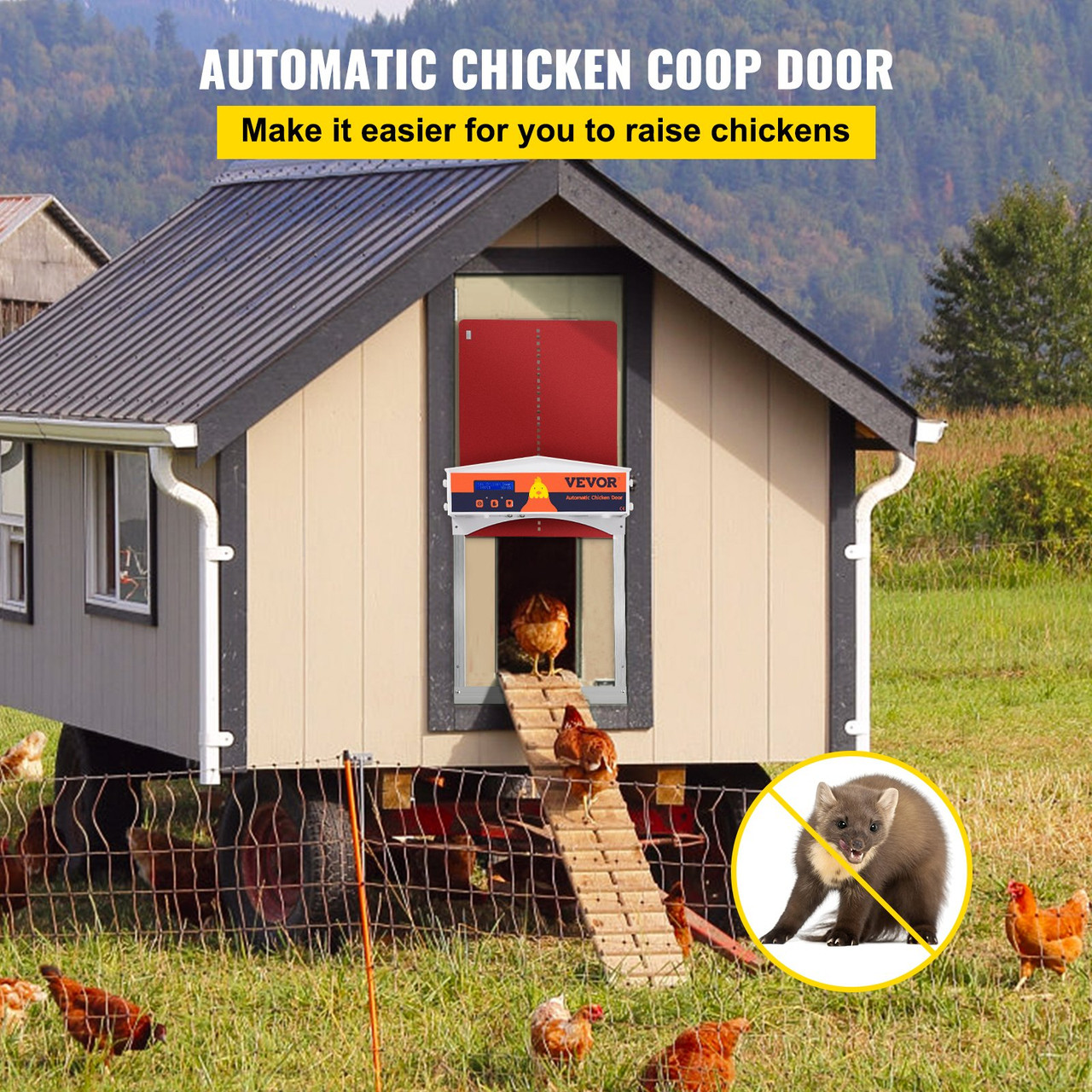 Automatic Chicken Coop Door, Auto Open/Close, Gear Lifter Galvanized Poultry Gate with Evening and Morning Delayed Opening Timer & Light Sensor, Battery Powered LCD Screen, for Duck, Red