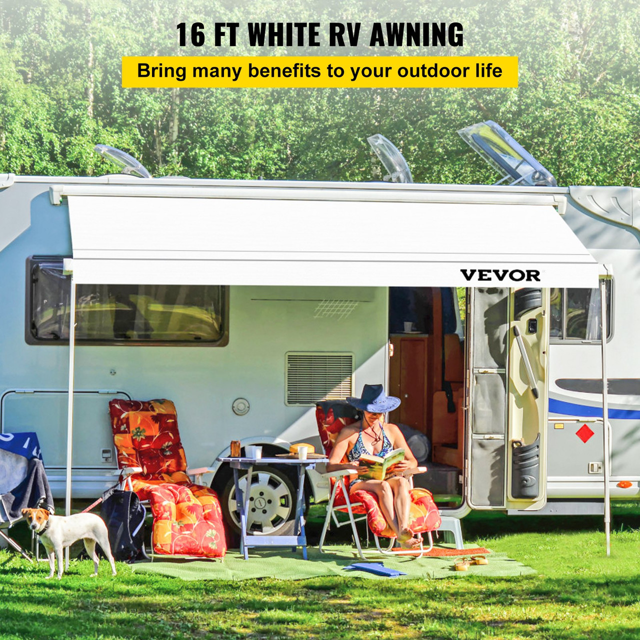 RV Awning Fabric Replacement, 16 ft, 15oz Vinyl Waterproof Sun Shade, Outdoor Canopy RV Replacement Fabric for Camper, Trailer, and Motor Home Awnings, Fabric Size 15'2"White