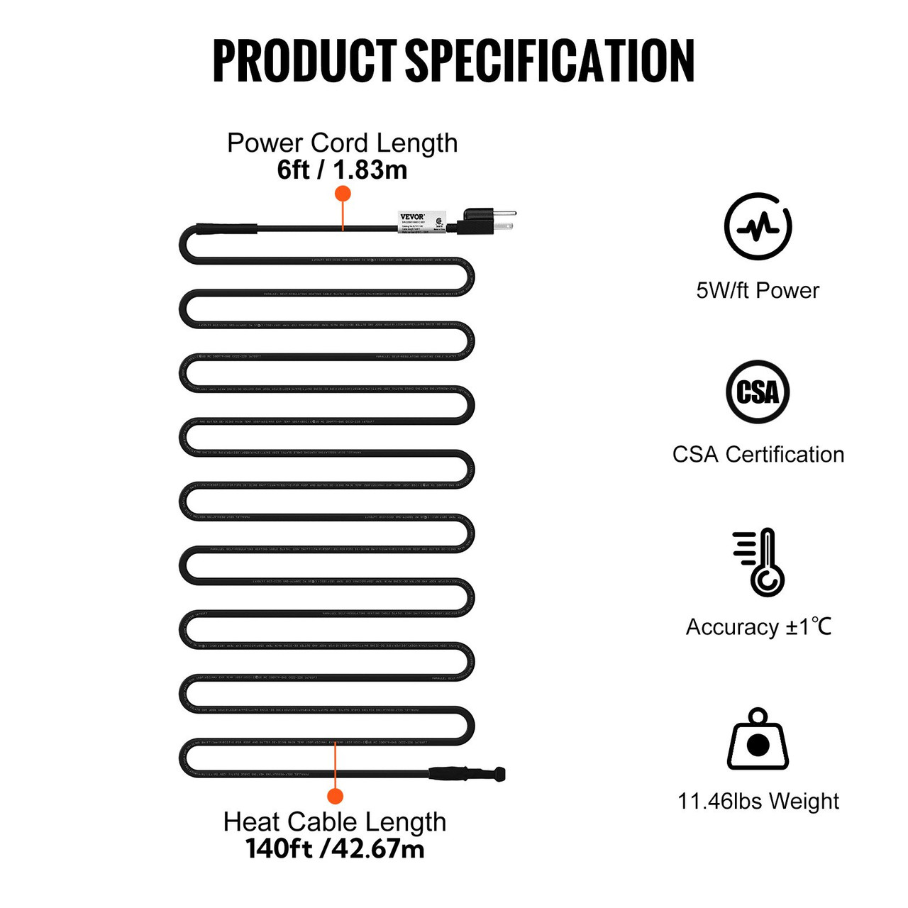 Self-Regulating Pipe Heating Cable, 140-feet 5W/ft Heat Tape for Pipes, Roof Snow Melting De-icing, Gutter and Pipe Freeze Protection, 120V