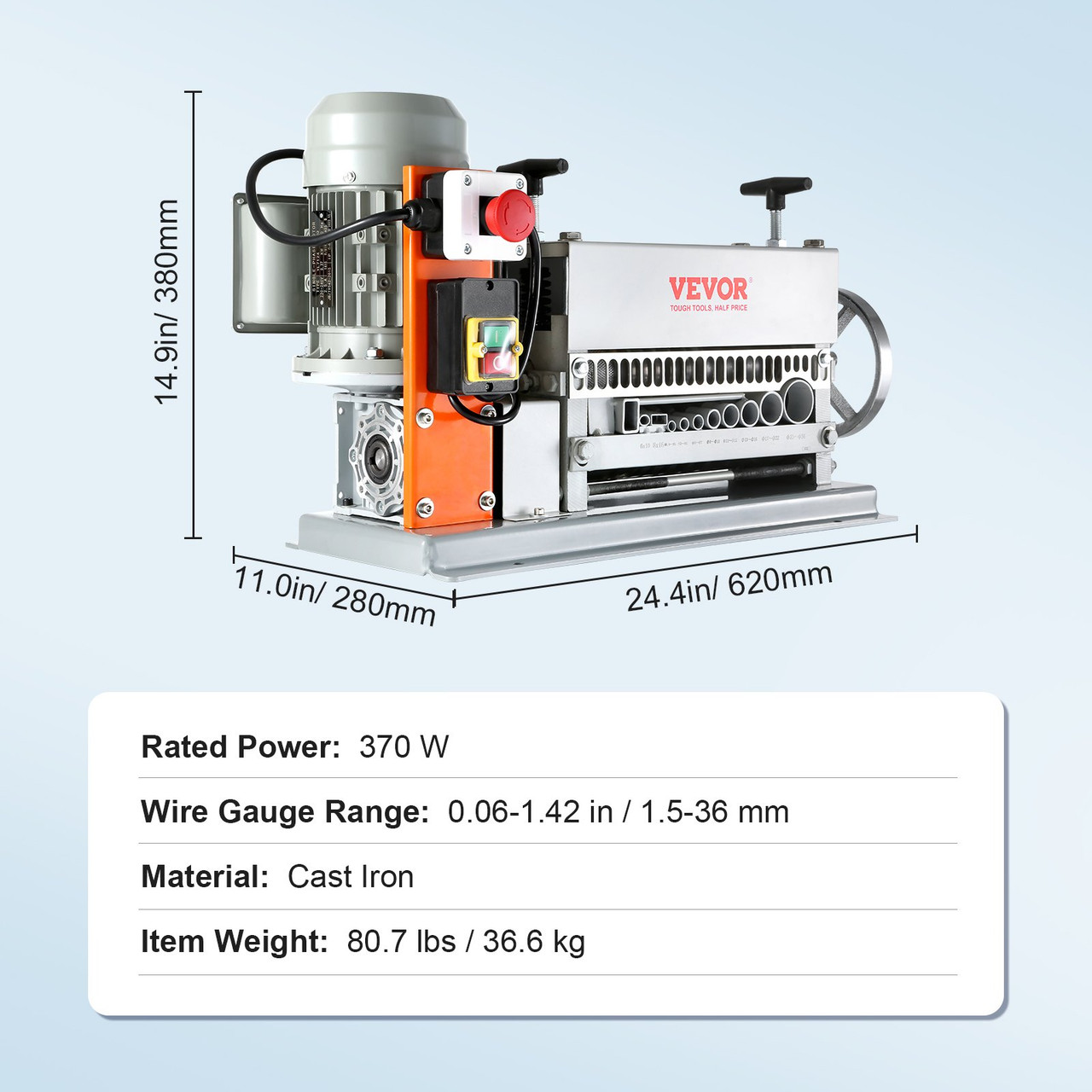 Automatic Wire Stripping Machine, 0.06''-1.42'' Electric Motorized Cable Stripper, 370 W, 88 ft/min Wire Peeler with An Extra Manual Crank, 11 Channels for Scrap Copper Recycling