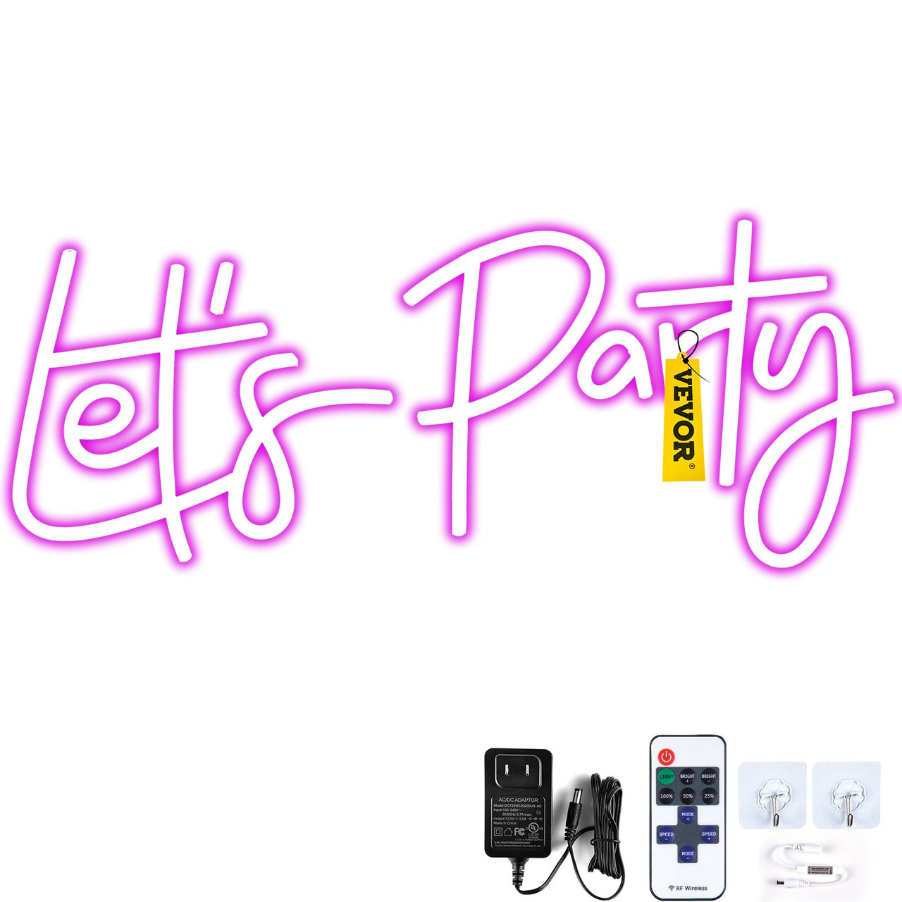 Let's Party Neon Sign, 23"X10" Neon Sign for Wall Decor, Adjustable Brightness Pink Neon Light Sign with Remote Control and Power Adapter, for Party/Wedding Celebration/Home Decoration