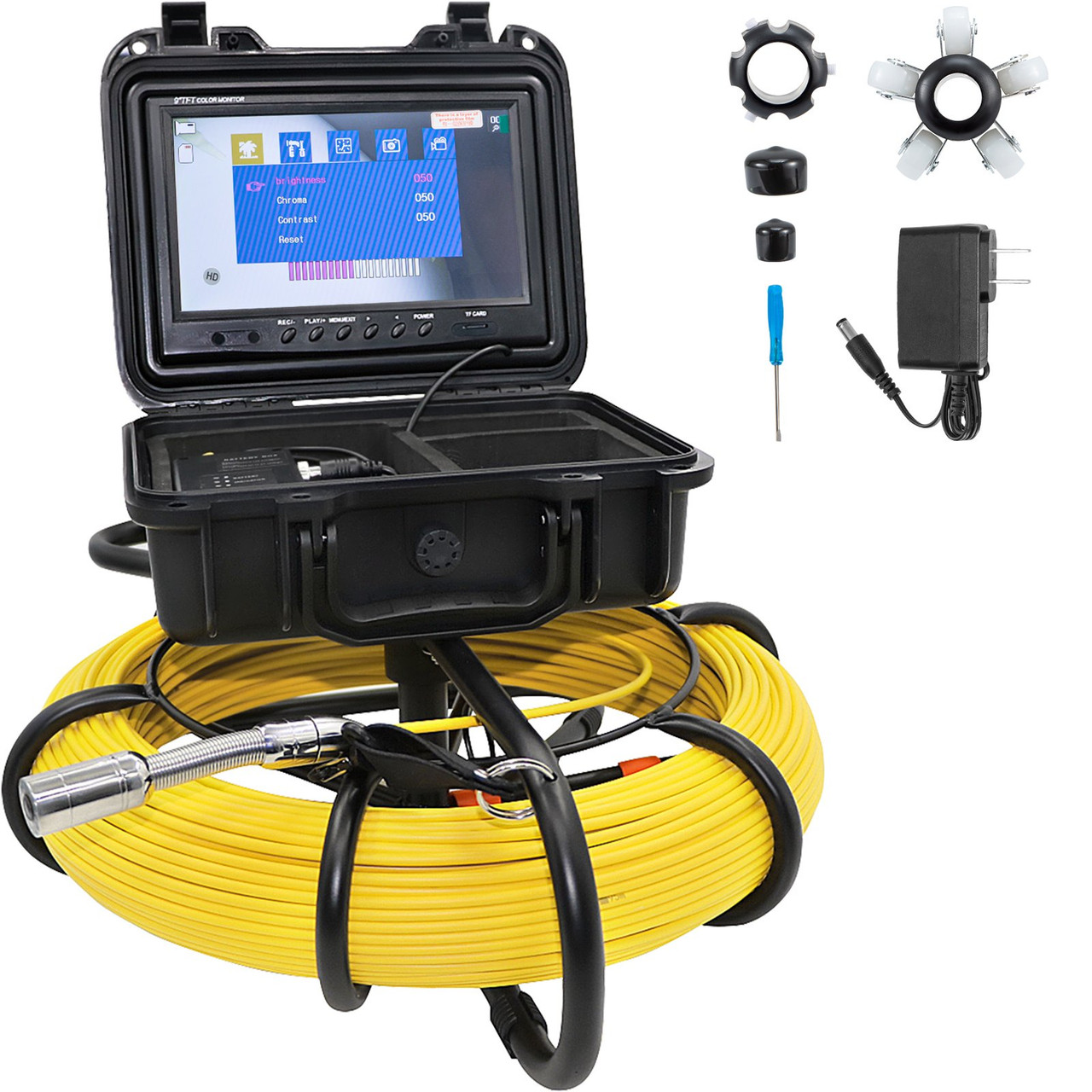 Sewer Camera, 328ft/100m Cable, Waterproof IP68 Sewer Video Inspection Equipment, Drain Camera with 16 GB SD Card, DVR Function, 720P 9" LCD Monitor, LED Lights