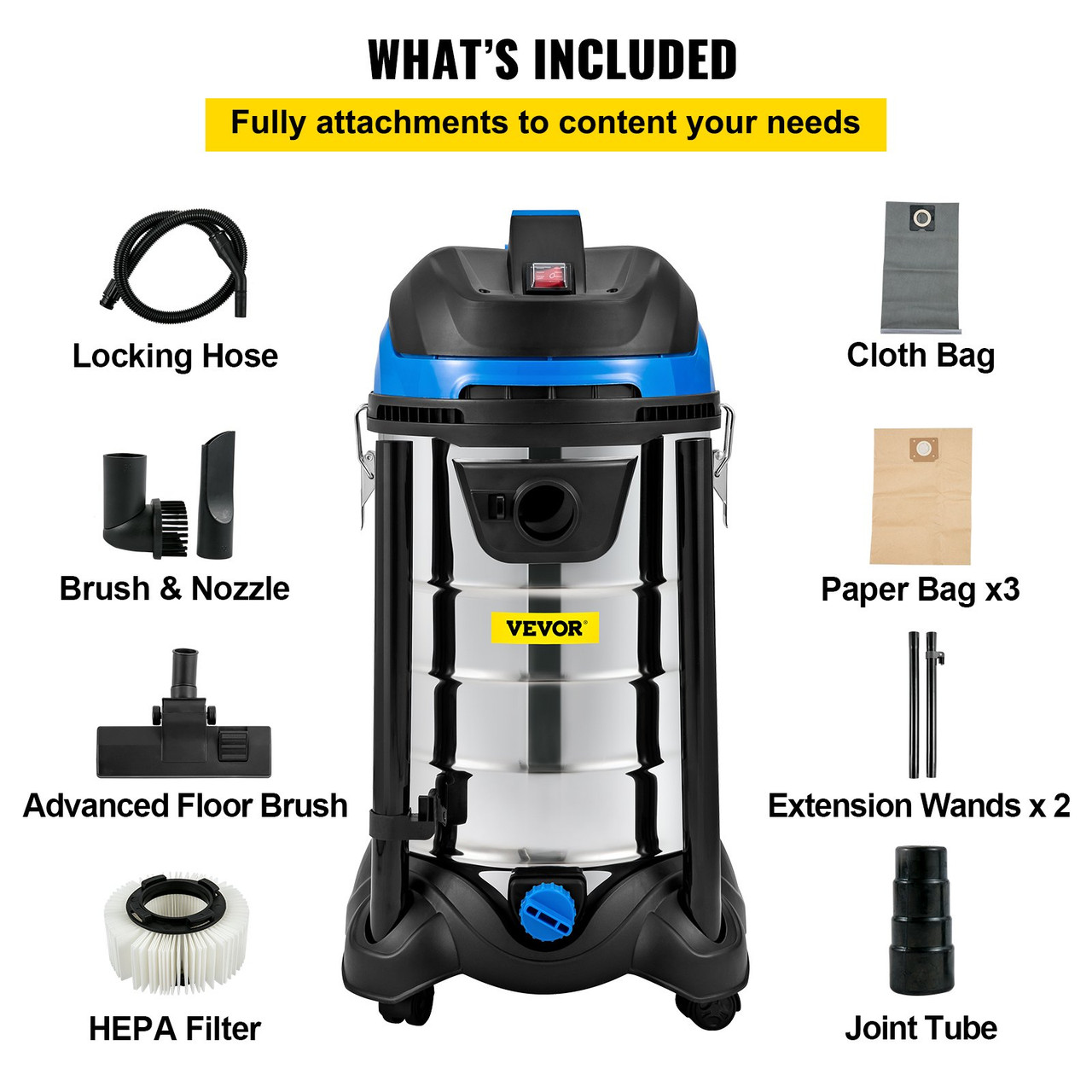Dust Extractor, 8 Gallon Wet & Dry HEPA Filter, Automatic Dust Cleaning, 1200W Powerful Motor Vacuum Cleaner,Heavy-Duty Shop Vacuum with Attachments