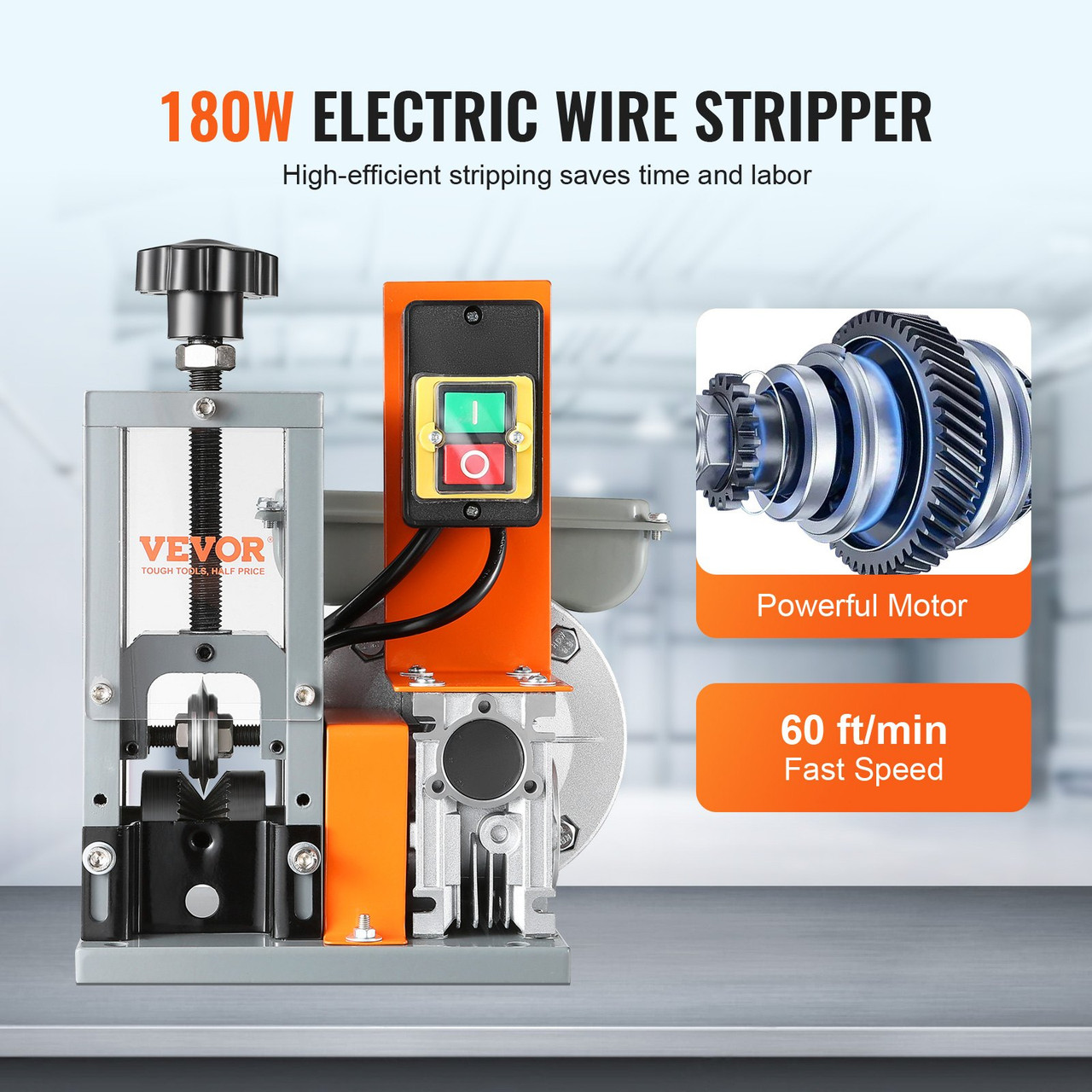 Automatic Wire Stripping Machine, 0.06''-0.98'' Electric Motorized Cable Stripper, 180 W, 60 ft/min Wire Peeler with Visible Stripping Depth Reference, for Scrap Copper Recycling
