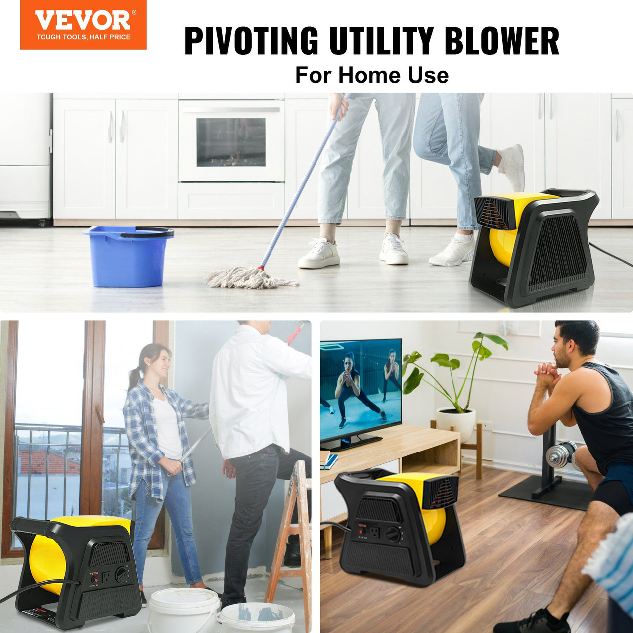 Pivoting Utility Fan, 600 CFM High Velocity Floor Blower for Drying, Cooling, Ventilating, Exhausting, 300Â° Blowing Angle Air Mover, Portable Carpet Dryer Fan for Home, Work Shop