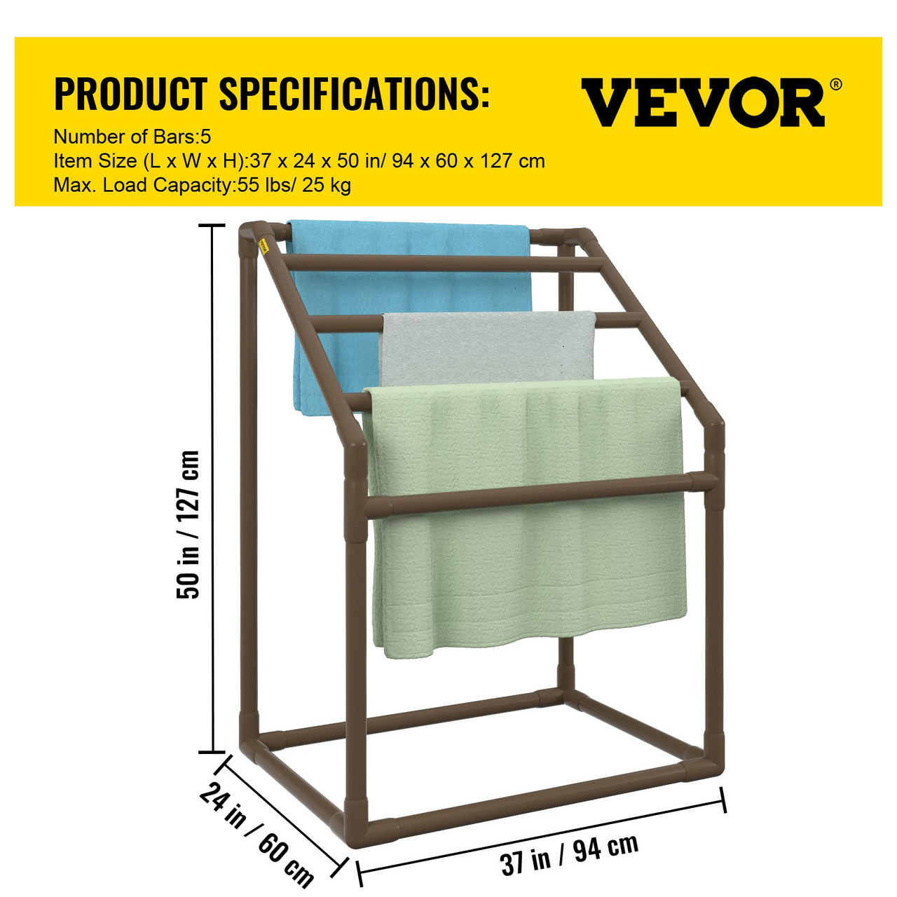Pool Towel Rack, 5 Bar, Brown, Freestanding Outdoor PVC Trapedozal Poolside Storage Organizer, Include 8 Towel Clips, Mesh Bag, Hook, Also Stores Floats and Paddles, for Beach, Swimming Pool
