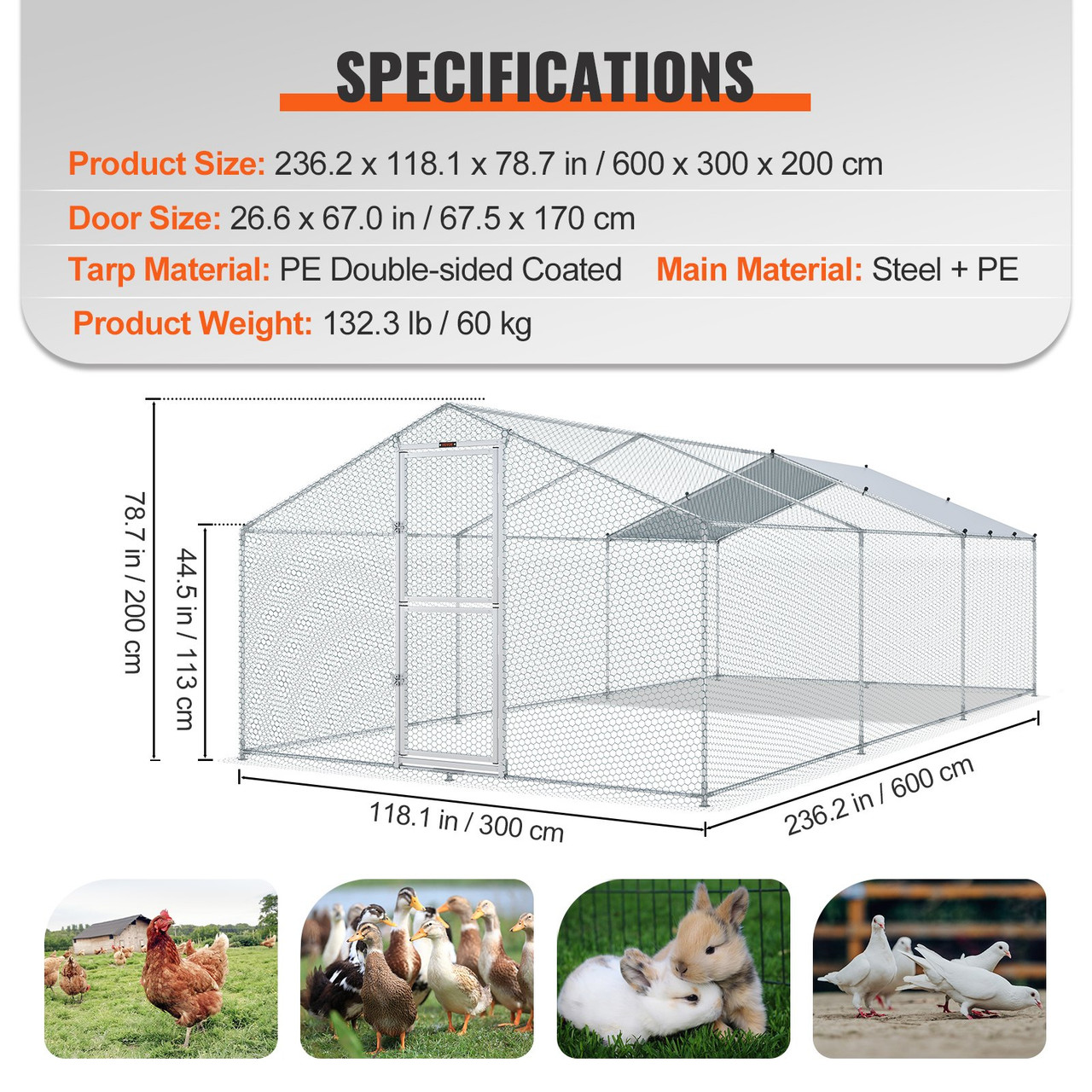 Large Metal Chicken Coop with Run, Walkin Poultry Cage for Yard, Waterproof Cover, 19.7 x 9.8 x 6.6 ft, Peaked Roof for Hen House, Duck Coop and Rabbit, Silver