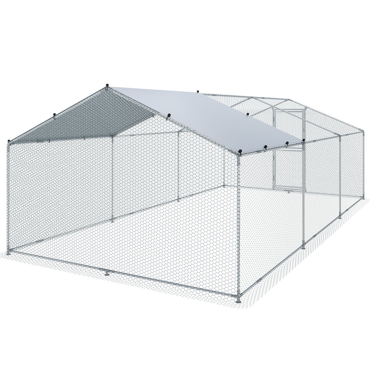 Large Metal Chicken Coop with Run, Walkin Poultry Cage for Yard, Waterproof Cover, 19.7 x 9.8 x 6.6 ft, Peaked Roof for Hen House, Duck Coop and Rabbit, Silver